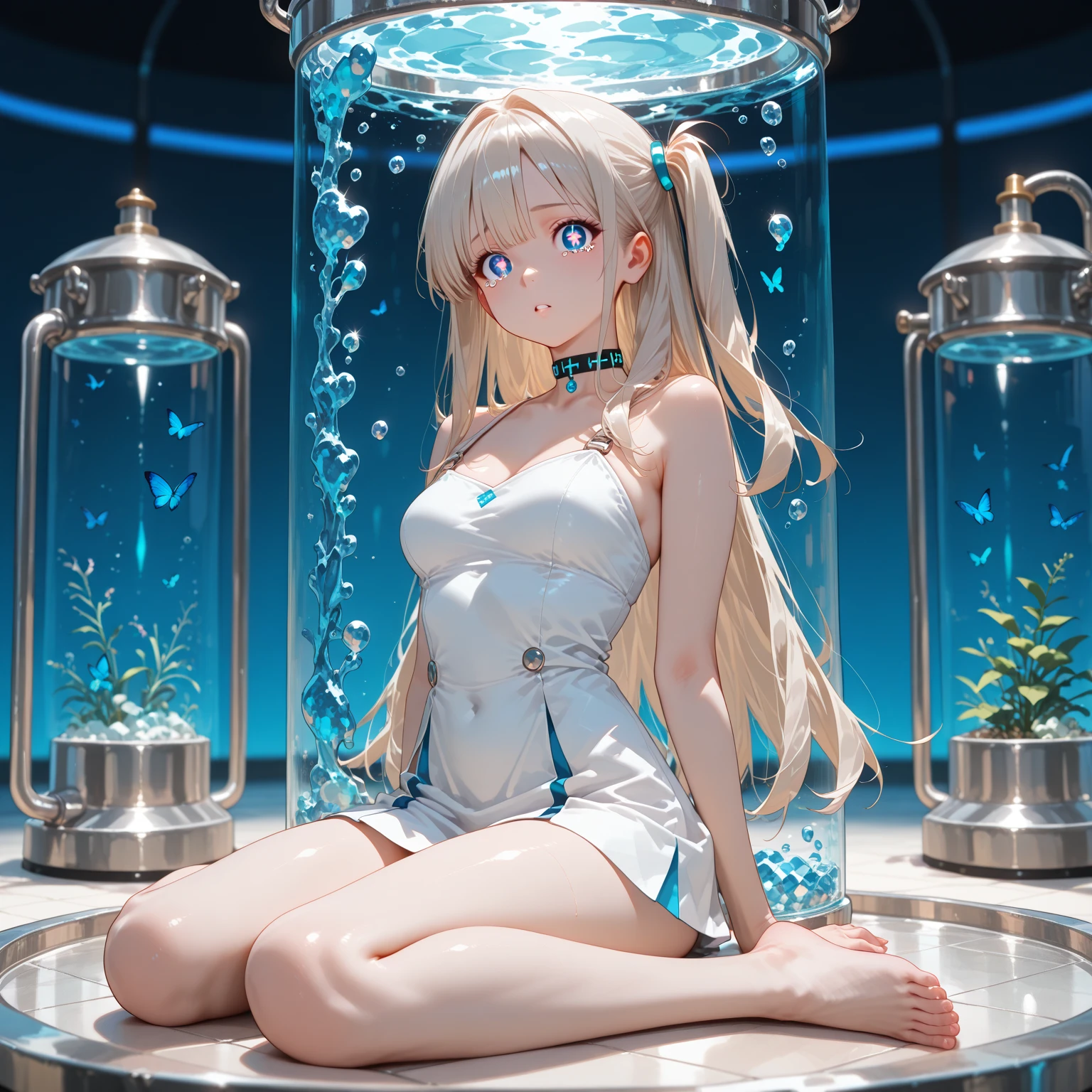 Light blonde haired anime girl with pale bluish violet colored eyes trapped inside an aquarium fish tank filled with water, stars and cosmos