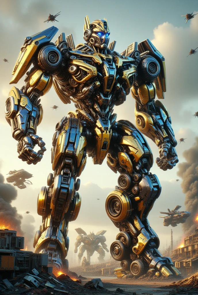 A detailed ultra-high-res detailed full body image of a giant robot gundam with several combat damages (mechanical moving parts, vehicle pieces in its exoeskeleton like wheels and windshields as a Transformer). Fully enclosed strong shoulder guards, mechanical matching arms and leg guards, full body, full mechanical armor, the design balances heavy with agility, the color scheme of the robot is exclusively golden and metallic blue, dynamic pose, ready to fight, on a post-apocalyptic scenario, battleground, battle damages, broken parts and systems, sizzling cables, right dead eye (best quality) , (masterpiece) , (detailed) , RAW Photography. HD photo, ultra-realistic photo, proffesional photographer camara, 8k, 16k, high quality photo, intense warm Color tones. mechanical, mech, biomechanical, cybernetic, robot, bionic, realistic, science fiction, sci-fi movie shot