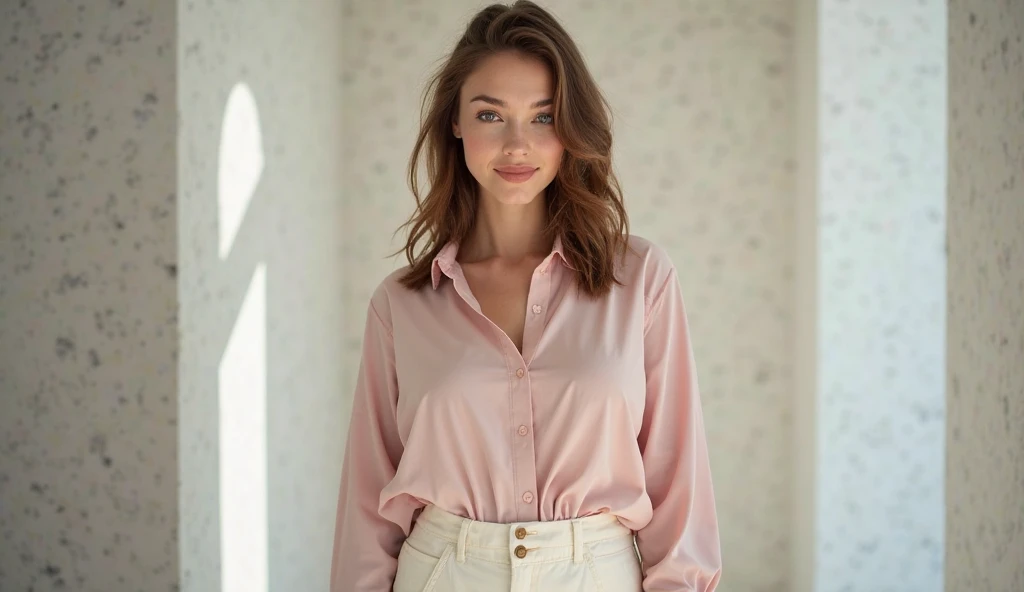 masterpiece, best quality, extremely detailed, hyperrealistic, photorealistic, a beautiful 20s french model, in art museum, in the morning, sitting with knees up, salmon pink long sleeve shirt:1.2, ultra detailed face, medium hair, blonde hair, pale skin, busty breasts, half smile