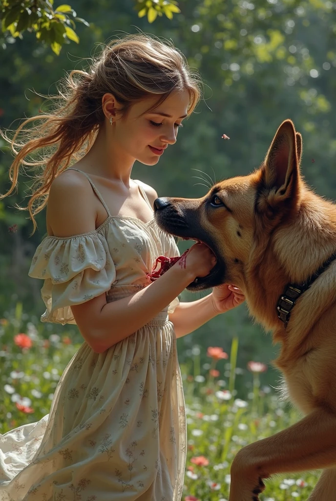 girl BLONDE CHILD LONG HAIR, in red coat hugging a dog on a rock, 🍁 fofo, arte tradicional, cute and adorable, Filhotes vermelhos, lindo bonito, 🍂 fofo, lovely and cute, bonito bonito, lindo e bonito, retrato de alta qualidade, arte realista, jovem e bonito,