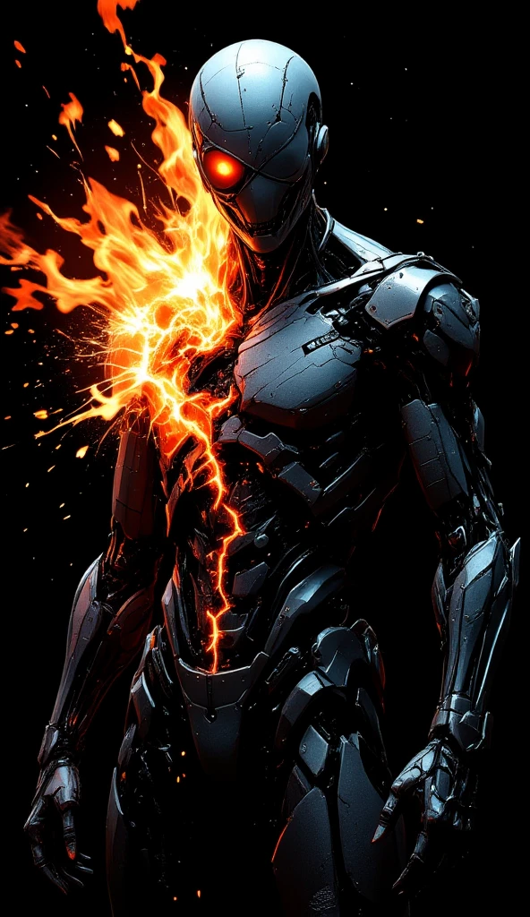 (full body shot),(wrecked android,spark,Eye patch,Red glowing single eye),(Due to damage, the,body without one arm was cut off and cut in half:1.5),Explosive Flame