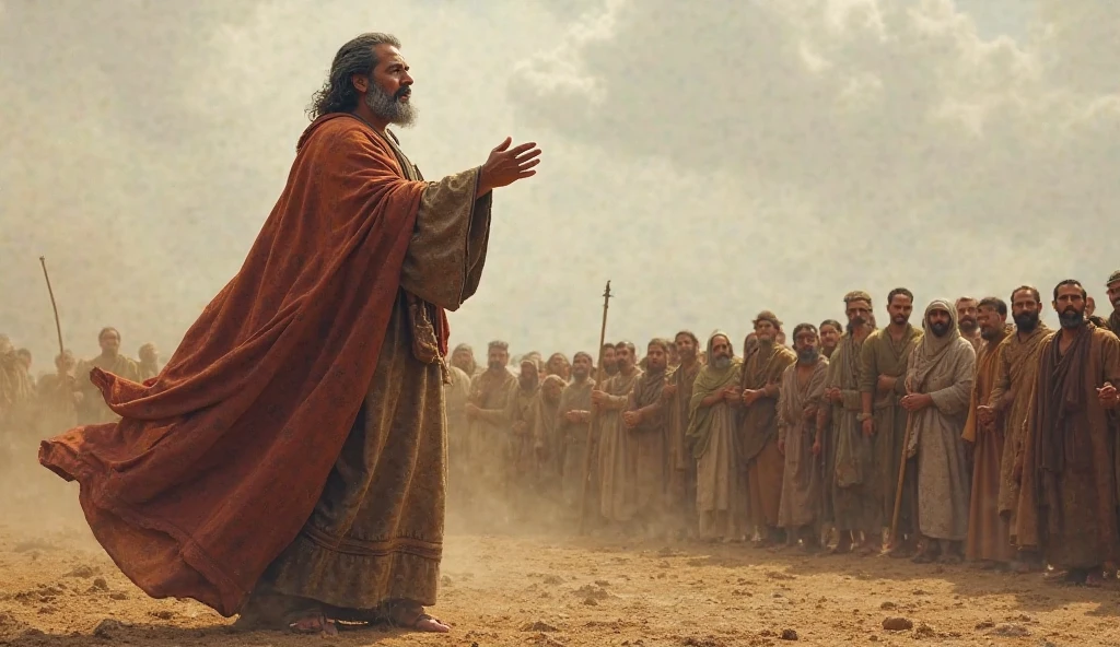 ((lifelike lighting, Melhor qualidade, 8K, Obra-prima: 1.3)), Foco claro: 1.2,Moses bidding farewell to the Promised Land at dusk. Cena emocional, with the Hebrew people showing sorrow and gratitude. Feeling of fulfillment of journey and remarkable farewell.