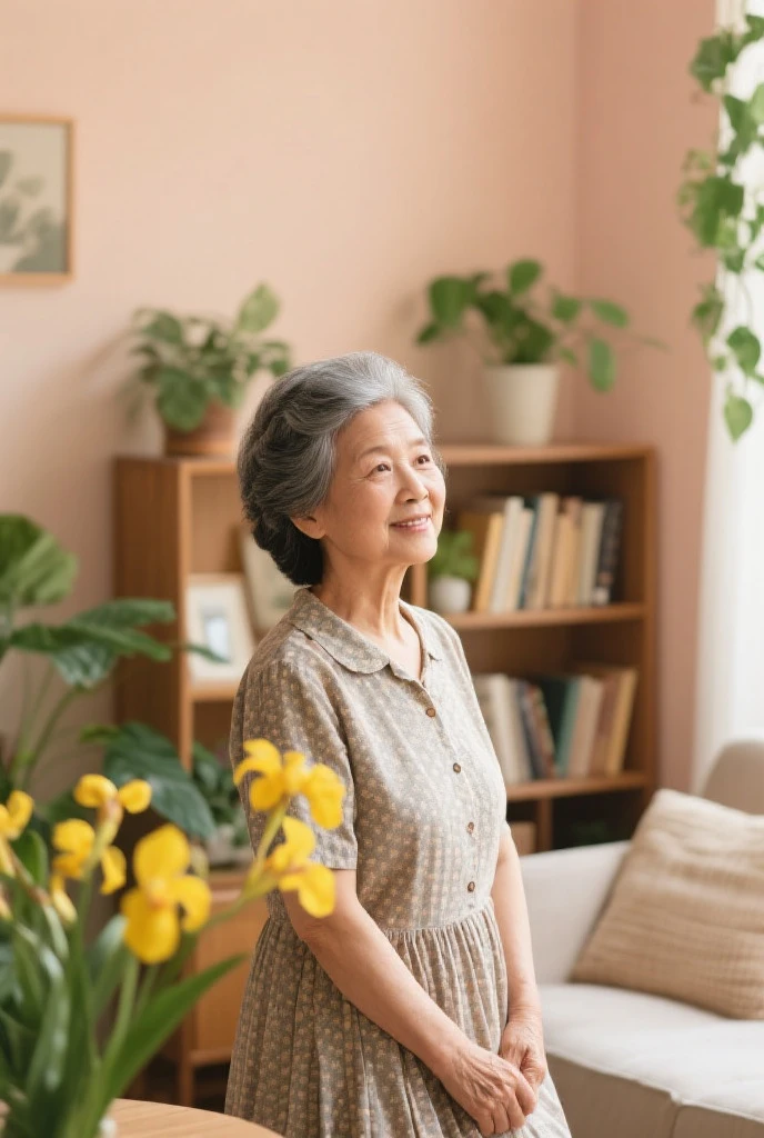 RAW PHOTO, her name is Dolores, high quality, 1 old woman, ((58-year-old slim filipina woman)), (((58 years old))), ((slim body)), ((wrinkled body)), (((old body))), (((long hair))), she is wearing a stylish modest Generation X flowy casual wear, POSE: standing, BREAK, BACKGROUND: indoor, cafe by the beach, film grain, instagram photo