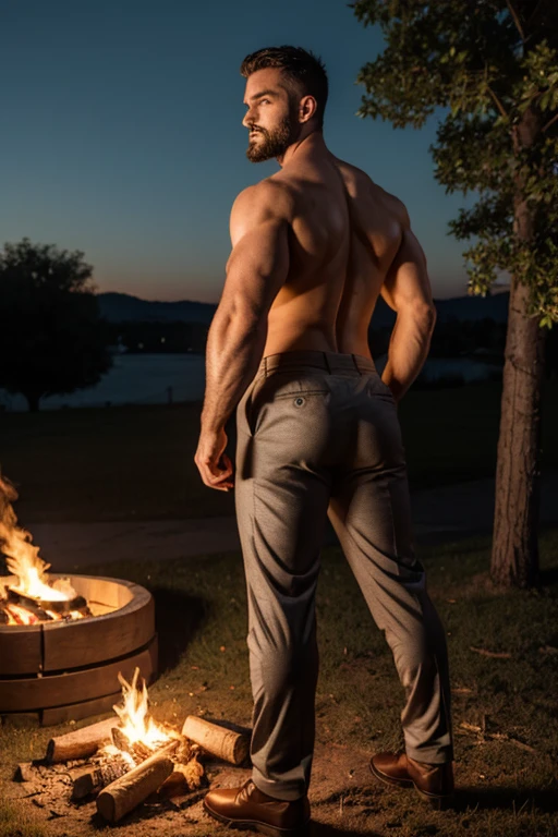 Full body shot, photorealistic full body a 24 year old muscular handsome blond young manly topless Caucasian man with shaved brown hair, Five Clock Shadow, Blue eyes ，smile, Wearing a sweaty wet translucent white t-shirt and a white underwear, White socks, and tan hiking boots blond shaved hair, Green eyes, on a log in front of a campfire at night. Sexy, male, muscular, like, ((panoramic composition of subject and complete surrounding environment))