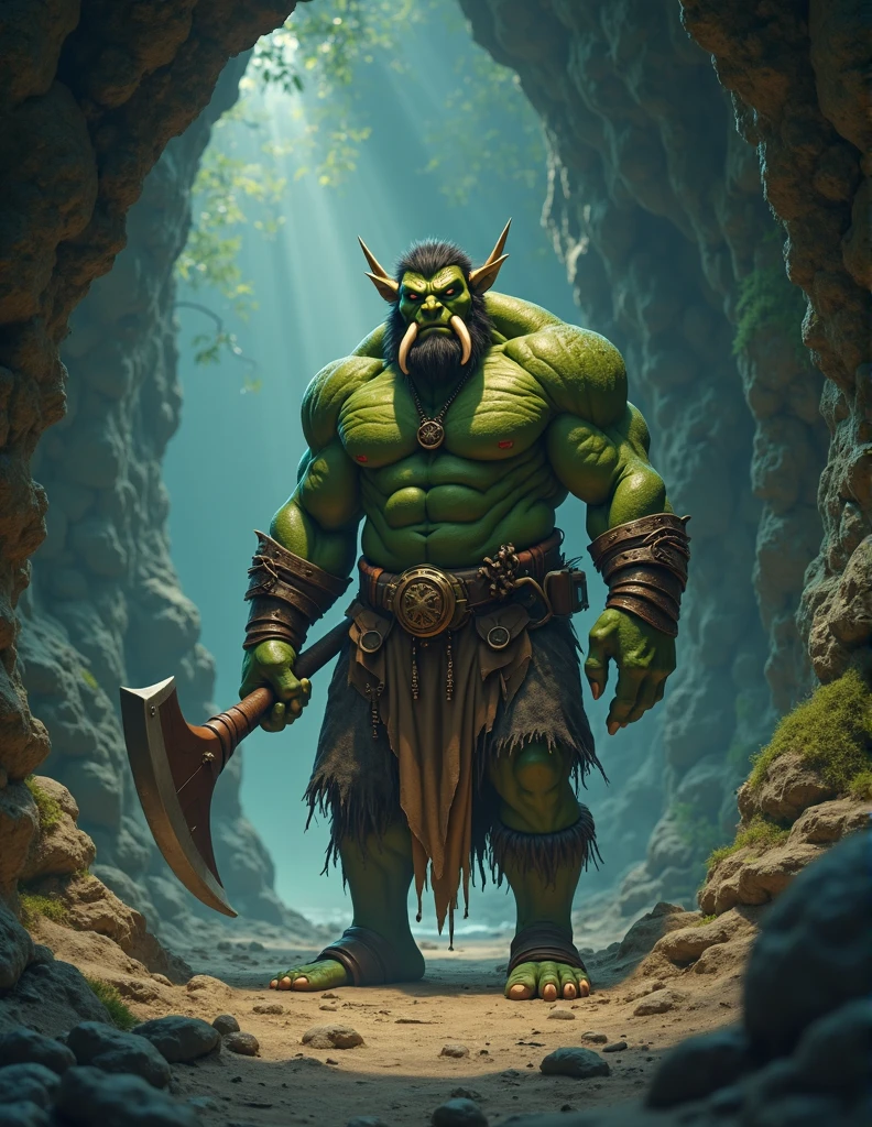 1 boy, in a cave, green skinned orc, with long tusks protruding from his lower jaw, thick and muscular, holding a mace, hyperrealistic anime, 8K, HDR, cinematic lighting, dramatic shadows, moody atmosphere, fantasy, concept art 