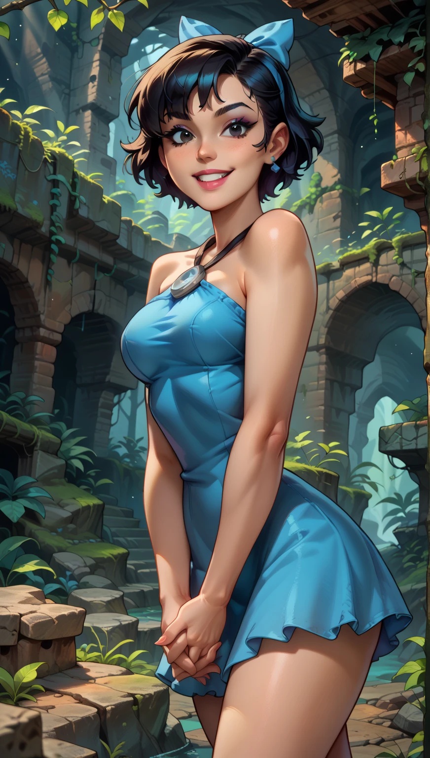 arafed woman in a blue dress smiling and wearing a necklace, portrait sophie mudd, gorgeous female jade tailor, with an elegant smile, alina ivanchenko, cindy avelino, elegant smiling pose, beautiful and smiling, anna nikonova, anastasia ovchinnikova, by Maksimilijan Vanka, mid shot portrait, by Natasha Tan, mid portrait