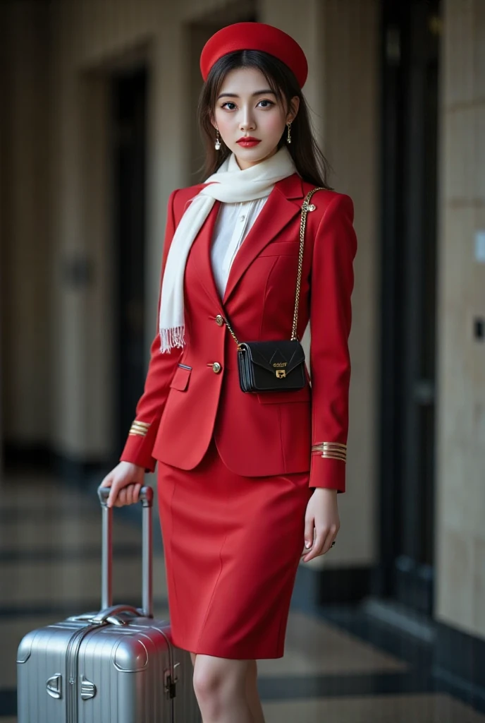 retro flight attendant, white wall with cast shadow, side light, half length shot, best quality, masterpiece, highres, absurdres, incredibly absurdres, huge filesize, wallpaper, colorful,8K,RAW photo