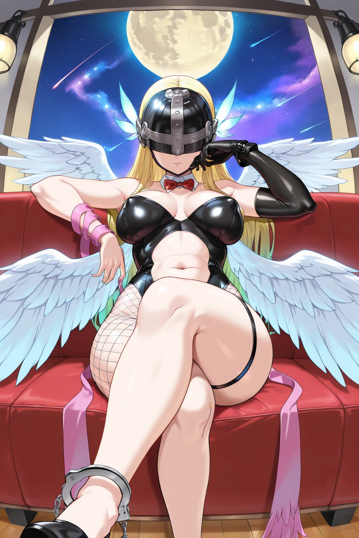 score_9_up, score_8_up, score_7_up, 1girl, solo, mature female, ((Angewomon)), (((long blonde hair, metal helmet))), angel wings, pink lips, parted lips, fit slim body,((perfect medium  breast)), (((tight white suit with gold bra))), ((bedroom)), perfect model body, looking at viewer, orgasming face, (((standing with one leg up and having sex))) (((penis penetrating her pussy))) (((perfect pussy penetration)))(((POV)))