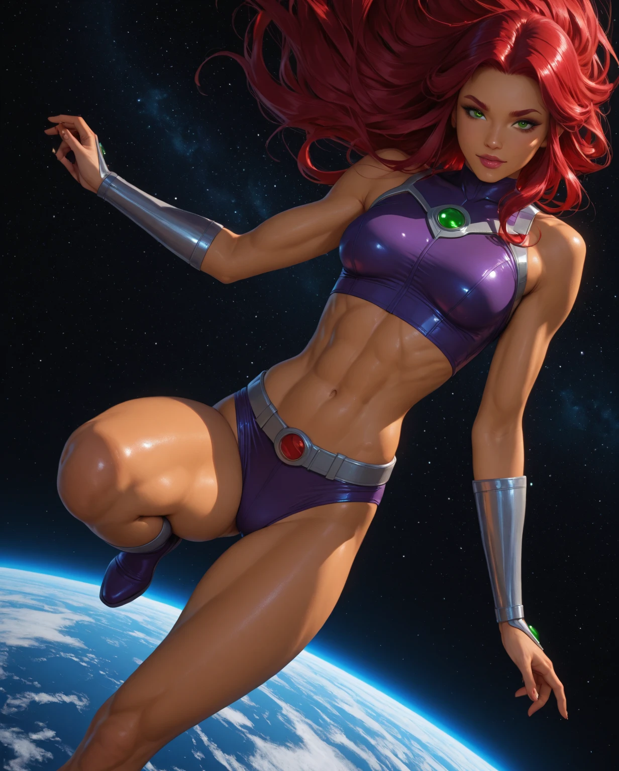 (masterpiece, best quality, ultra-detailed), StarfireDC, green eyes, red hair, glowing eyes tan skin, large breasts, midriff, (purple skirt:1.2), purple crop top, green pearl on crop top, purple thighhighs, bare shoulders, belt, lying on bed, indoors, (legs open:1.2), visible panties, cameltoe, smile