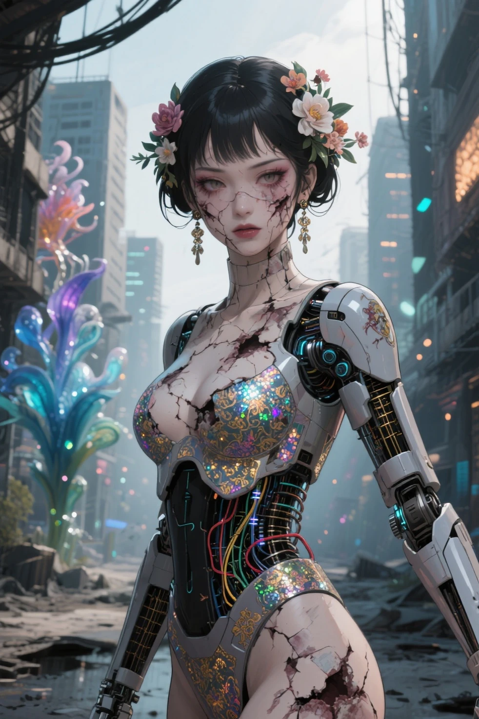 Topic prompt: (woman in a space suit, cosmic girl, event, cosmic entity, incriminate content details, endless cosmos in the background, historical event, real event, astral background, cosmic background, cosmic goddess, cyborg goddess in cosmos, celestial cosmos, game interface, violet battlefield theme, cosmic style, hyperdetailed content, background details ).("black, death scythe, hellish horror, view, torn clothes, looking down, illustrations, high resolution, ultra detail, dark fantasy, sharp focus, vibrant colors, dramatic lighting, bokeh." ". female robot pilot, mechanical creature, electronic wires transmit computer nerves, girl's face, dystopian surrealism, Alex Rice Zdzisaw Beksinski Giger, very intricate details, Chinese woman demon, deep glowing eyes contain galaxies, head contains nebula, deep aesthetics, concept art, carved silver circuits, diodes, resistors, semiconductors, ornate).