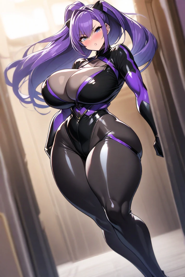 {{{masterpiece}}},{{{highest quality}}}, (huge breasts:1.5), (bent:1.5), (blurry) , (Depth of written boundary), (blurry foreground), (blurry background), (1 girl), (motion blur), (evaluation:safety), (photograph \(moderately\)), Igawa Asagi, 1 girl, alone, long hair, looking at the viewer, big breasts, black hair, gloves, holding, green eyes, blue hair, Are standing, bare shoulders, full body, parted lips, elbow gloves, shiny, high heels, shiny hair, aqua eye, body suit, covered navel, turtleneck, sheath, Fishnet tights, perfect for your skin, shiny clothes, impossible clothes, ninja, unsheathing, purple body suit, covered clavicle, impossible body suit, Strong lower body, strong legs, full body shot, plump body, Erotic manga taste, mature woman, plus size model, thick thighs, muscular thighs, strong calves, Akiyama Rinko,