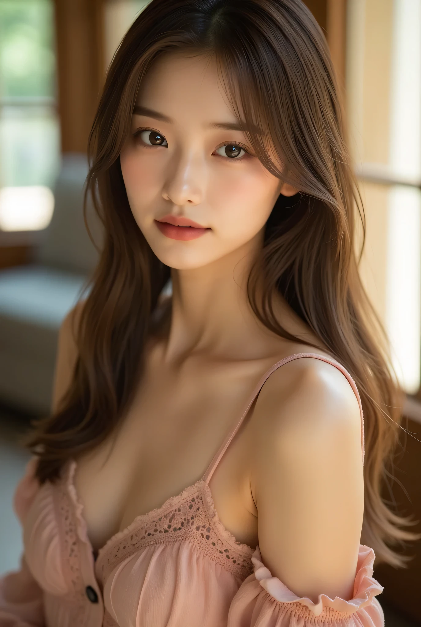 Tabletop, highest quality, Realistic, Very detailed, In detail, High resolution, 8k wallpaper, One beautiful woman, Light brown messy hair, Perfect dynamic composition, Beautiful details、Serious face, Sharp focus, Detailed skin texture, thin髪、Slime、thin、Model Body Type、Brown Hair、By the window of the night view、Black bra、Black panties