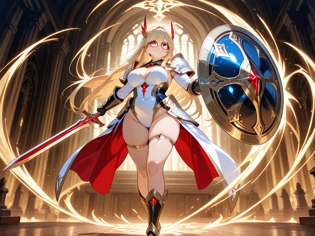 Masterpiece, best quality, White headphone, blonde, Korean woman, tall, slender, Female Knight, red gauntlet, red boots, Sword, beautiful face, beautiful hand, anime pastel, cleavage, Castle