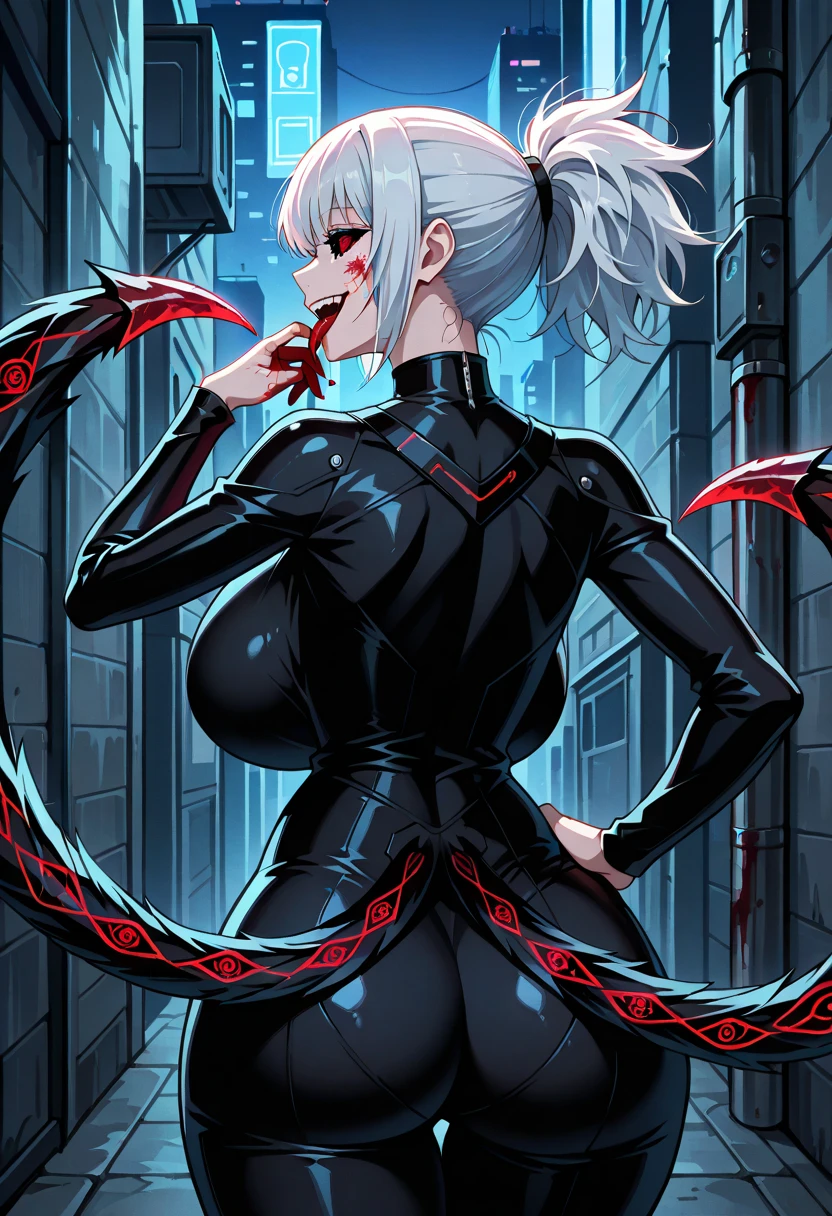 masterpiece, best quality, 8K, number, 1 girl, Solitary, stand up, youth, white hair, Long white hair, Hair accessories, Red Eyes, Round pupil, emotionless expression, Blood, Mechanical Parts, electric wire, cable, Failure Effect, Shocking, Science fiction, Futuristic, The background is darker inside, Neon, cyberpunk characters, Surrealism, Strange, Disturbing, spine-chilling, Shocking, One-piece Pants,Red Eyes,Venom,nigrescence,Long black gloves,One-piece Pants,Tight latex jumpsuit,Highlight her graceful figure,wrap the whole body,Symbiote,((Sexy highlighted)),One-piece Pants,Red Eyes,Venom,nigrescence,Long black gloves,One-piece Pants,Black latex clothing,Blood-Red Eyes,best quality, high resolution, Super detailed, Vivid texture, mask, Tight latex jumpsuit, Bangs,Purple Hair, blue eyes