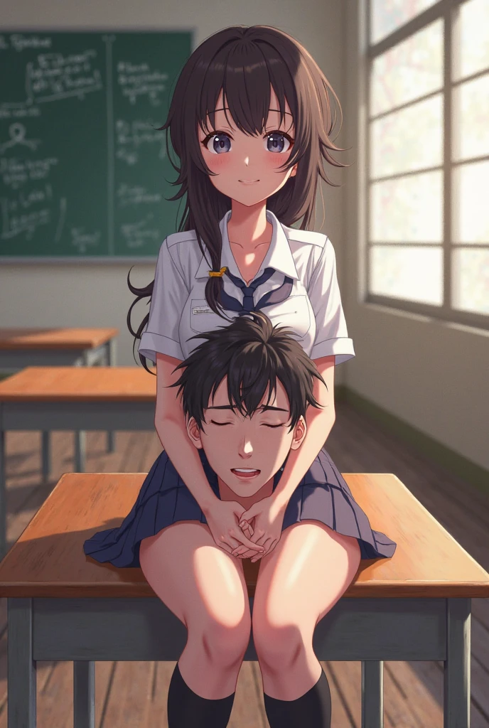 masterpiece, best quality, boy: 1.3),(boy grabbing breast:1.1),1girl .(school uniform:1.2), black long hair,brown eyes,(classroom:0.8), (sunset:0.7),(medium breasts:1.4), (sad smile:1), boy biting on breasts, girl looking away,