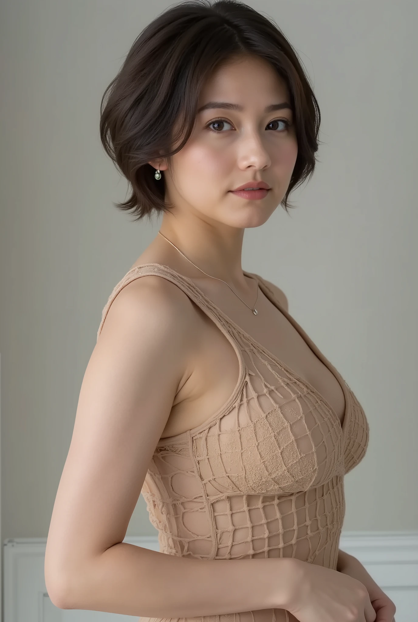 Beautiful woman with short hair in an overwhelmingly beautiful fishnet tank top、active pose、panty line