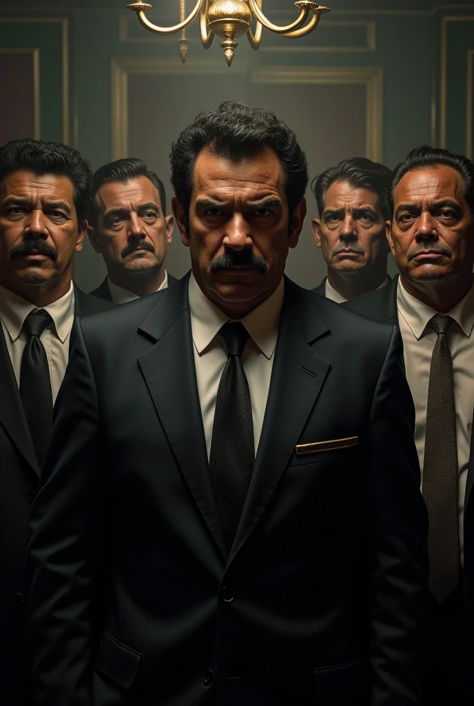 RAW photo, Mafioso, 8K, Mobsters gathered at a table, dark colors, high resolution, mobsters with brave faces