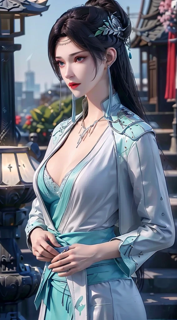 Portrait of a young 20-year-old saint, a saint with a beautiful and super cute face,wearing a very thin and sexy ao dai, beautiful cute face, Ao dai with a deep slit in the chest and attractive black and white lace trim, beautiful face without blemishes, Lovely smile, ((7-color hair length:1.2)), big crown, hair brooch, hanfu dress, chinese ancient style, full body jewelry, forehead tattoo, The female saint's breasts are round and very full, breast augmentation, innocent face, The most beautiful and detailed light red lipstick, ((Thin plump lips:0.3)), delicate pink and white eyes (white and detailed) cinematic, light and dark, dramatic lighting, magical light, extremely detailed light, true color, super sharp, realistic, 8k quality, fantasy universe background, saints and magical space, the most detailed images, Solo, a saintess, ((looking directly at the saint's upper body:0.4)), ((smooth skin:0.5)),
