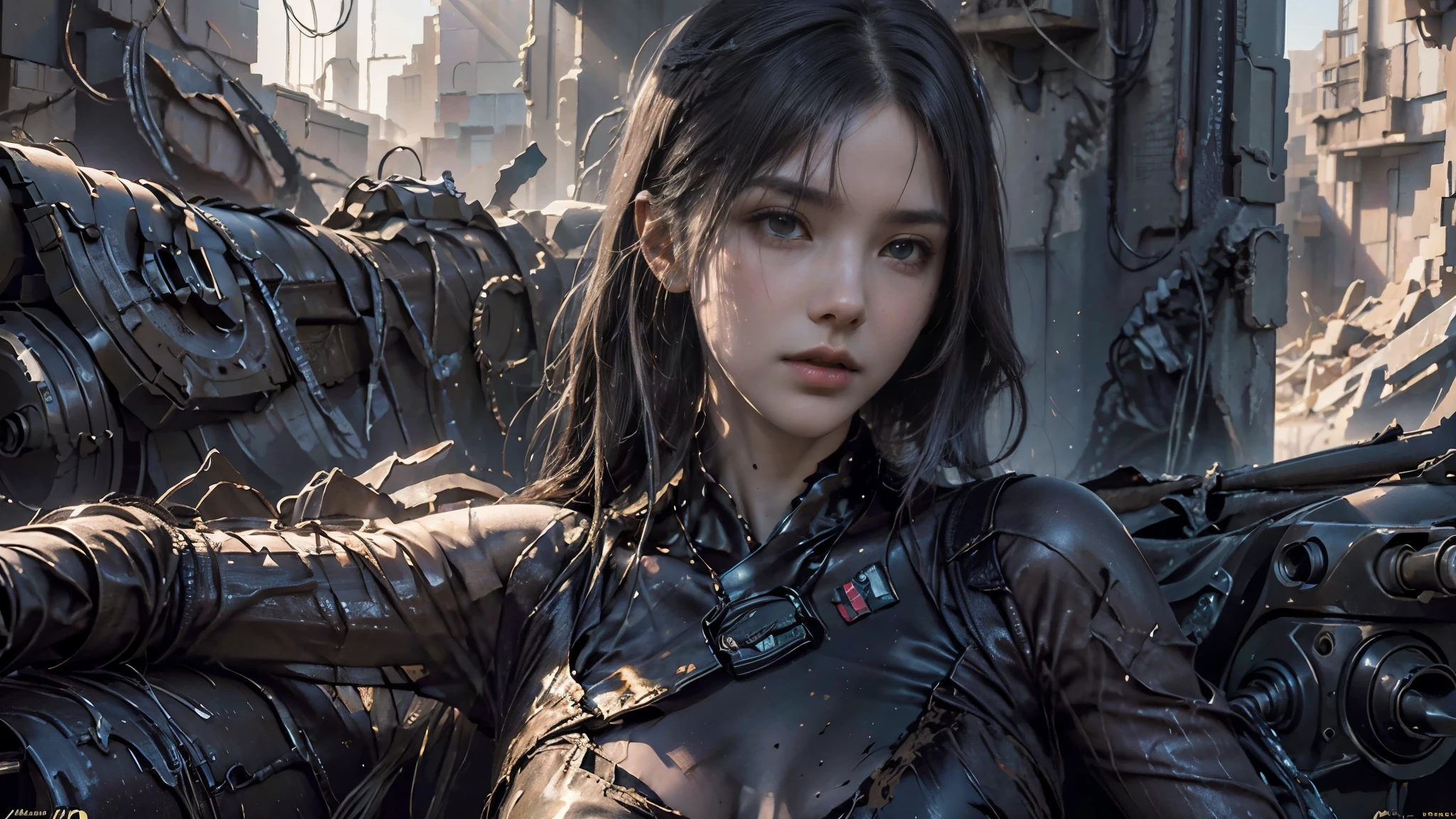 masterpiece, high resolution, 8,000,( Portrait Photos:1.5),(R original photo),Reality,Digital photography,Ruins of the Apocalypse , apocalyptic wasteland ,(desert ruins ),Dirty Girl,sentry, post-apocalyptic scene ,( upper body photography :1.howing her navel), Worn Clothes,looking into the camera,(big breasts), short hair,由Greg Rutkowski、 conceptual art by John William Waterhouse, intricate details, 8K production, high resolution , super detailed, are very popular on Artstation , Clear Focus , depth of field/1.8,