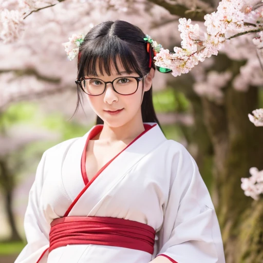 (masterpiece, highest quality, High resolution,8k), Beautiful 15 year old Japanese shrine maiden, Wear glasses, beautiful black hair, Wear glasses, Traditional Japanese shrine maiden costume,(white kimono,red hakama), big breasts, cleavage,Peaceful realistic Japanese shrine in a forest with cherry blossoms in full bloom, cowboy shot