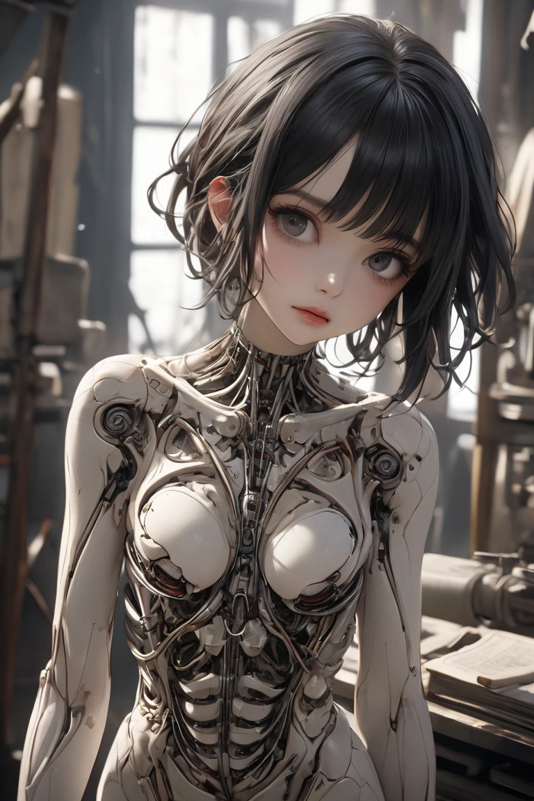 (((masterpiece))), ((best quality))), ((ultra-detailed)), (CG illustration), (an extremely devious and beautiful)), (cute desktop face), cinematic light, ((1 mechanical girl)), solo, whole body, (machine-made joints). : 1.4), ((mechanical limb)), (bursting muscle), (blood vessel attached to the tube), (brain in container: 1.3), (mechanical vertebrae attached to the back)), ((mechanical cervical vertebrae attached to the neck)), ((sitting)), expressionless, (wires and cables attached to the head and body: 1.5), small chest, short hair, (character focus), science fiction, hands tied to stools, 1 girl