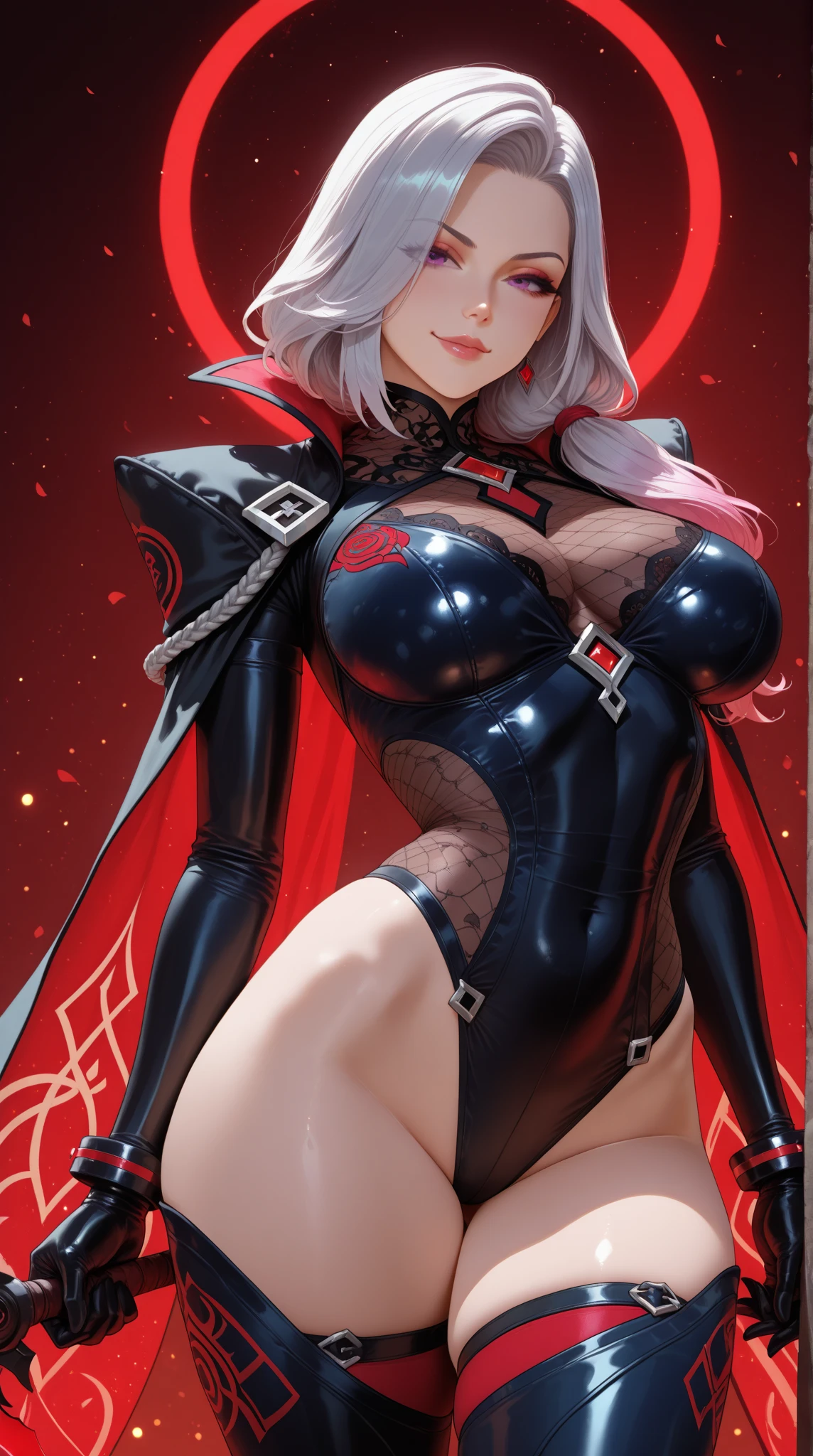 Kaneki cosplay, Lumine, danger, solo, crazy and evil smile, villain, blood, wearing short clothes, big breasts, cleavage, belly tattoo, holding a knife, highly detailed eyes, highly detailed face, highly detailed background, looking at the viewer
