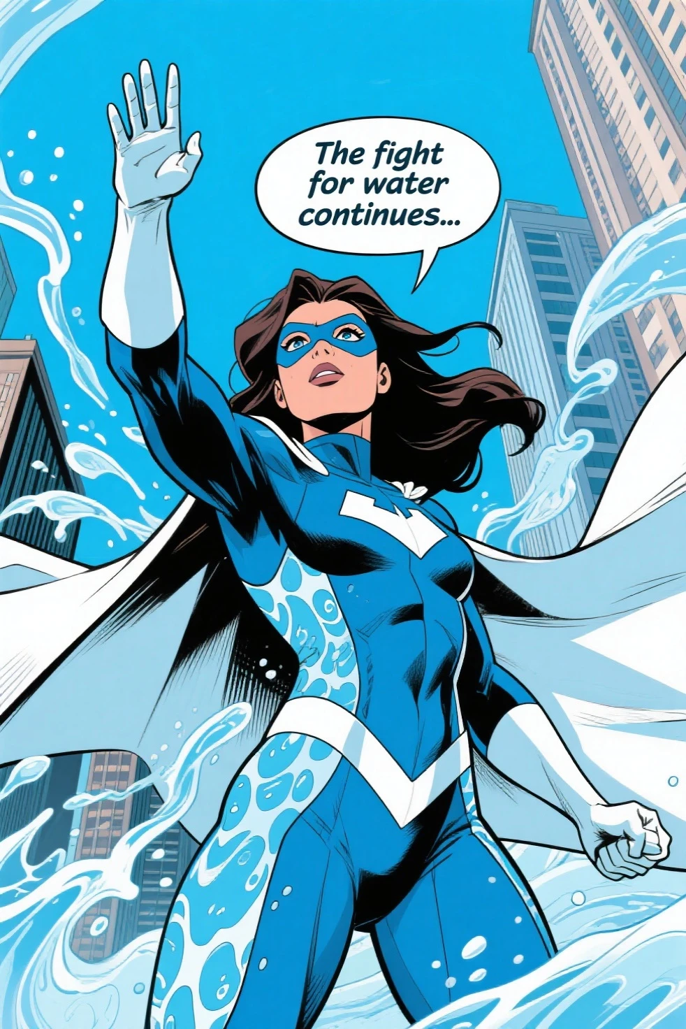 (inked original-art:1.2), (lineart:1.33), detailed face, best quality, masterwork, thick outlines, comic, 1girl, long hair, black hair, hair blowing in wind, thigh boots, blue trim, long sleeves, cape, (lightning:1.2), thunderbolt, (storm:0.6), city background, petite, short, toned, (white bike shorts:1.6), (white gymnastics leotard:1.6)