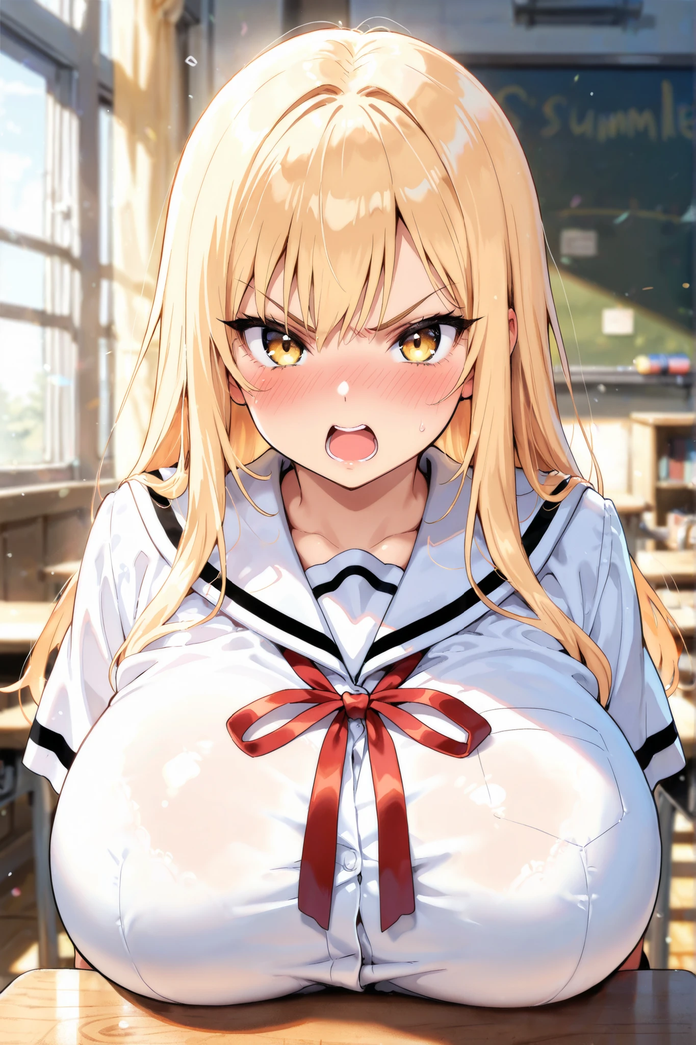 masterpiece、Highest quality、Best image quality、High resolution、Big Breasts、、School-Uniform、Red tie、Summer clothes、Blonde、Yellow Eyes、Long Hair、In the classroom、Angry、Surprised、An empty classroom