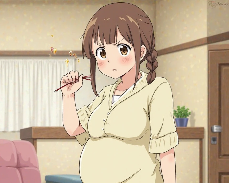 Pregnant woman, sitting on the sofa, while eating popcorn, background in the living room with TV, anime screencap