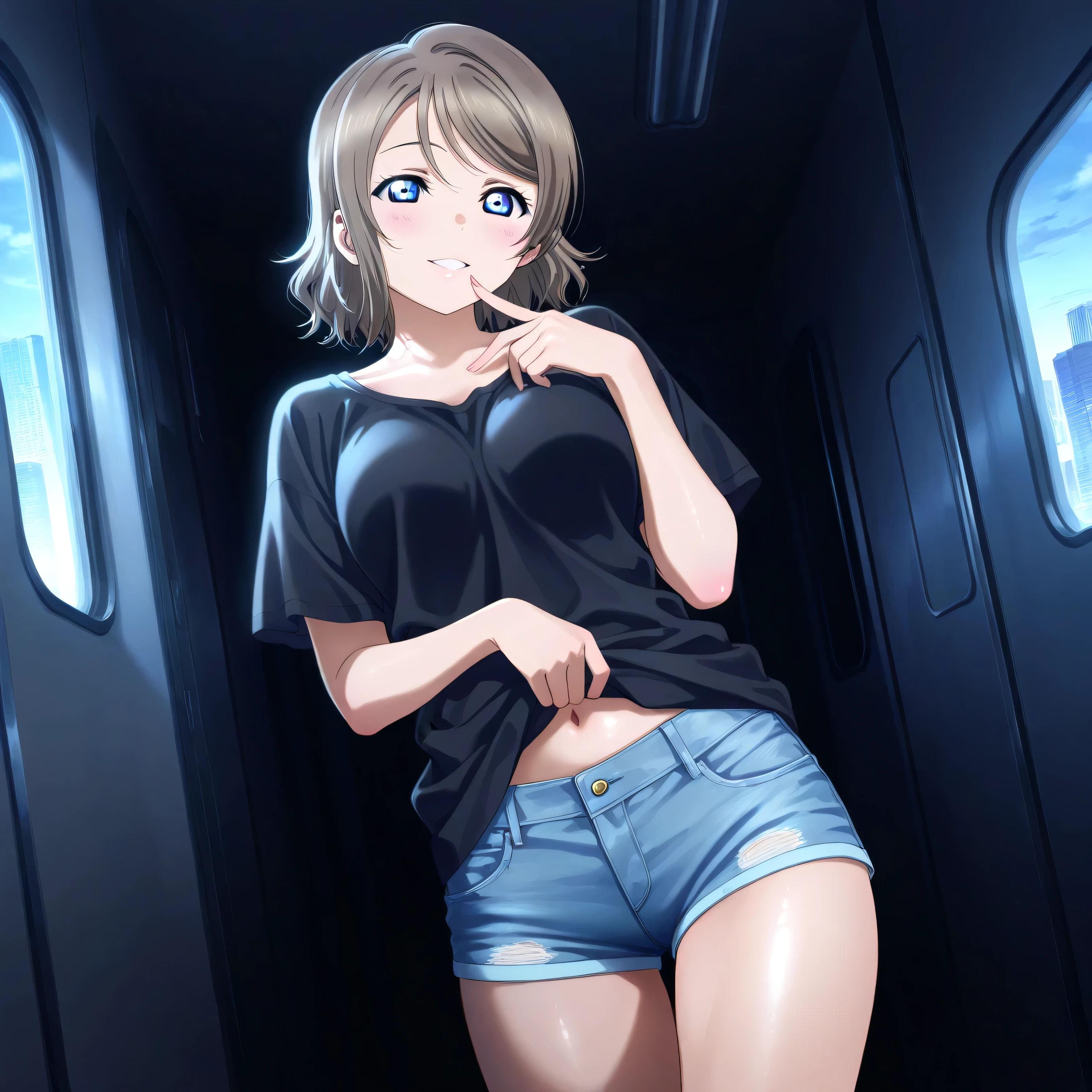 masterpiece 4k, best quality, girl, beautiful face, clean skin, shiny hair, shiny skin, beautiful face, perfect eyes, high quality shine, best quality, very aesthetic 4k, absurd, perfect body quality, beautiful curves, perfect, perfect genitals, beautiful ambient light, beautiful aesthetics, very realistic scenery, high quality 4k, masterpiece,best quality,absurdres,newest,highres, official art, 1girl you watanabe, blue eyes, brown hair, short hair, swept bangs, short jean shorts, short black top, in tokyo city in a dark corridor, luiz realistic shadow realistic beautiful scenery, making possession to take photo, sexy pose with naughty look at the viewer