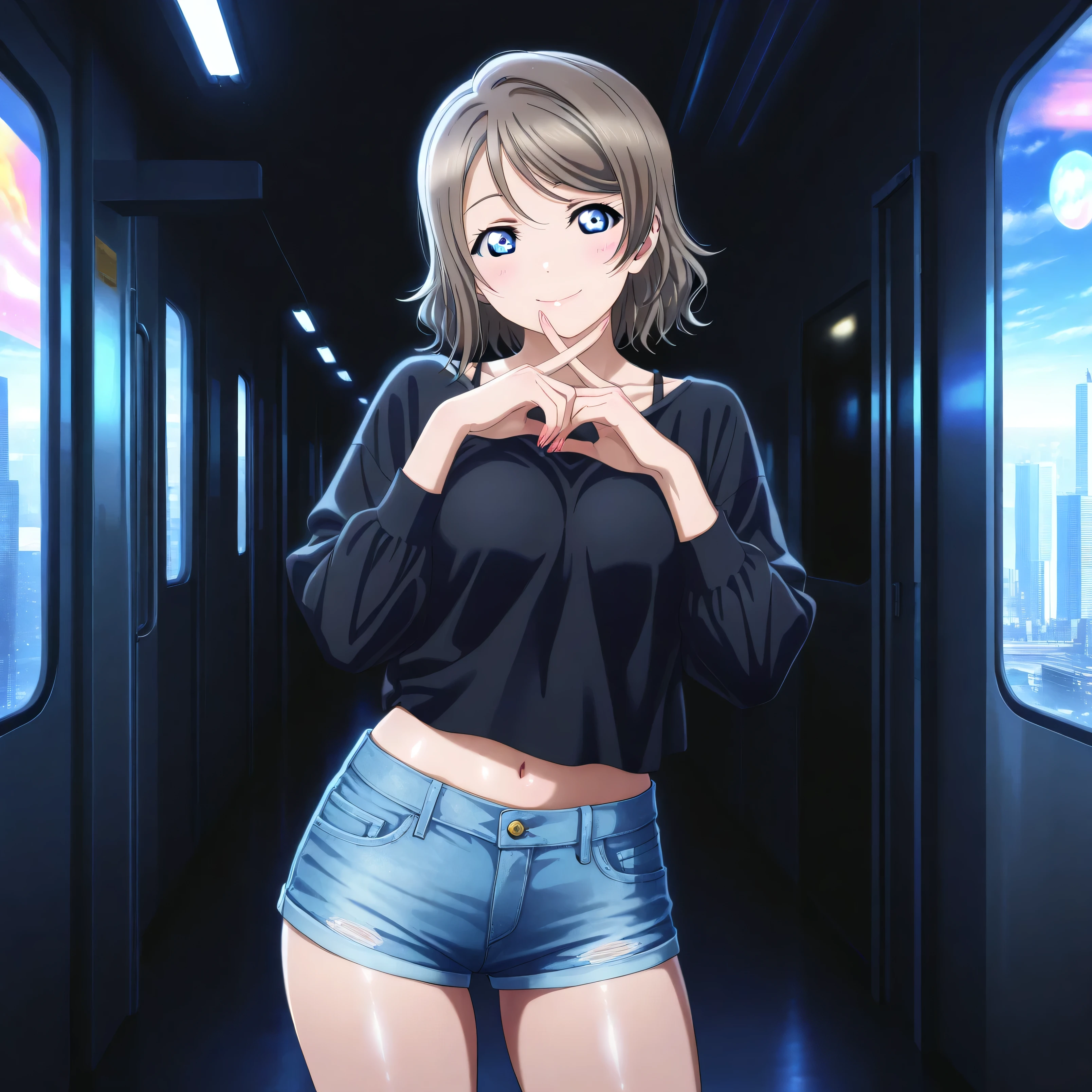 masterpiece 4k, best quality, girl, beautiful face, clean skin, shiny hair, shiny skin, beautiful face, perfect eyes, high quality shine, best quality, very aesthetic 4k, absurd, perfect body quality, beautiful curves, perfect, perfect genitals, beautiful ambient light, beautiful aesthetics, very realistic scenery, high quality 4k, masterpiece,best quality,absurdres,newest,highres, official art, 1girl you watanabe, blue eyes, brown hair, short hair, swept bangs, short jean shorts, short black top, in tokyo city in a dark corridor, luiz realistic shadow realistic beautiful scenery, making possession to take photo, sexy pose with naughty look at the viewer