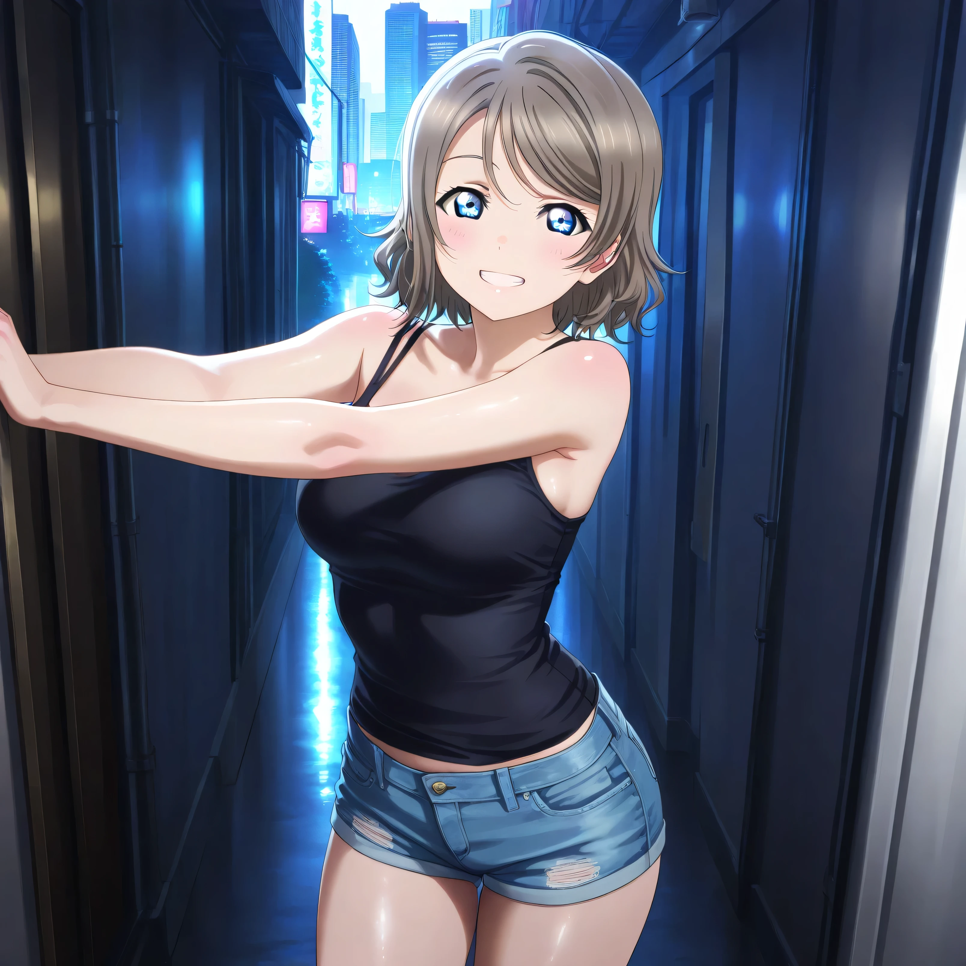 masterpiece 4k, best quality, girl, beautiful face, clean skin, shiny hair, shiny skin, beautiful face, perfect eyes, high quality shine, best quality, very aesthetic 4k, absurd, perfect body quality, beautiful curves, perfect, perfect genitals, beautiful ambient light, beautiful aesthetics, very realistic scenery, high quality 4k, masterpiece,best quality,absurdres,newest,highres, official art, 1girl you watanabe, blue eyes, brown hair, short hair, swept bangs, short jean shorts, short black top, in tokyo city in a dark corridor, luiz realistic shadow realistic beautiful scenery, making possession to take photo, sexy pose with naughty look at the viewer