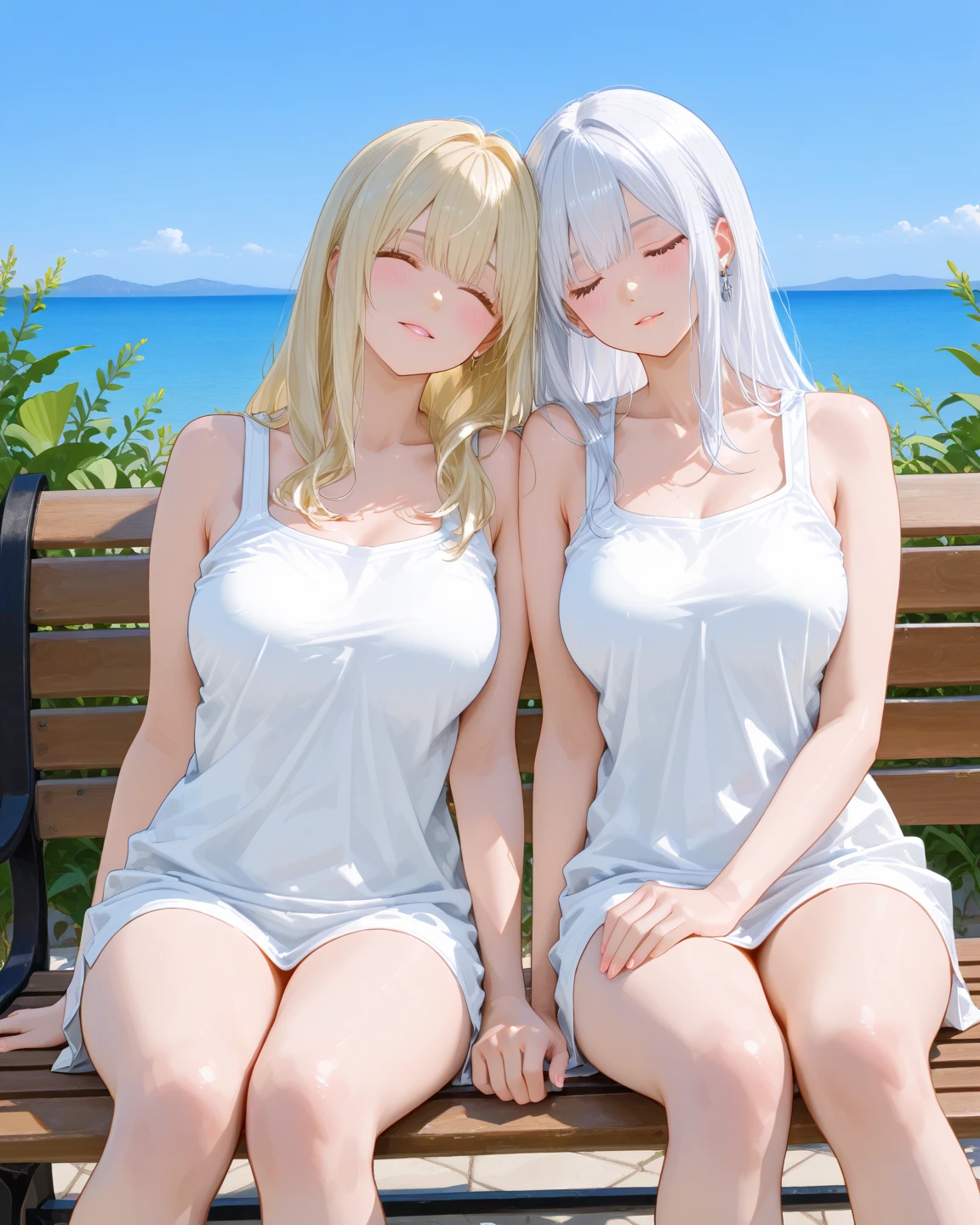 sun, sandy,、、、blurry, detailed background, sunlight, coconut tree, sunny, (perspective silhouette: 1.8), denim lens, perfect, (raw photo, top quality, 1), ultra high resolution, (realistic,,、 realistic: 1.75), two young girls in bathrobes , curved thighs, ((stroking each other: 1.1)), (transparent contours: 1.4), (ultra-delicate eyes, clear contours, large eyes, (Ultra-thin body: 1.2), skin dents, (double) tail: 1.0), (length)), (lace necklace), blush, seductive vision, blush face, ((lace white knee-length stockings)), ultra-fine lace, detail ruffles, perfect detail face,