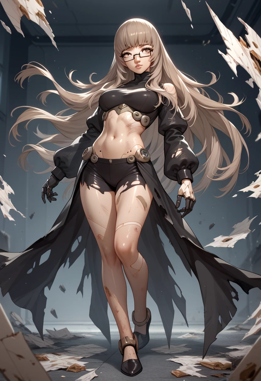 (Masterpiece, best quality, intricate details, 1sologirl) iron collar, arms behind back, iron cuffs, shackles, leather collar choker neck bell, bound ((standing by wooden pole:1.2)) ((female Black Dark skin Gyaru)) show entire body frontal position, feet in view, realistic, gorgeous 16y.o. darkest skinned mixed race female, black African, transparent black pantyhose, legs open, museum,barefoot no shoes, looking to viewer straight symmetrical, white silver long hair