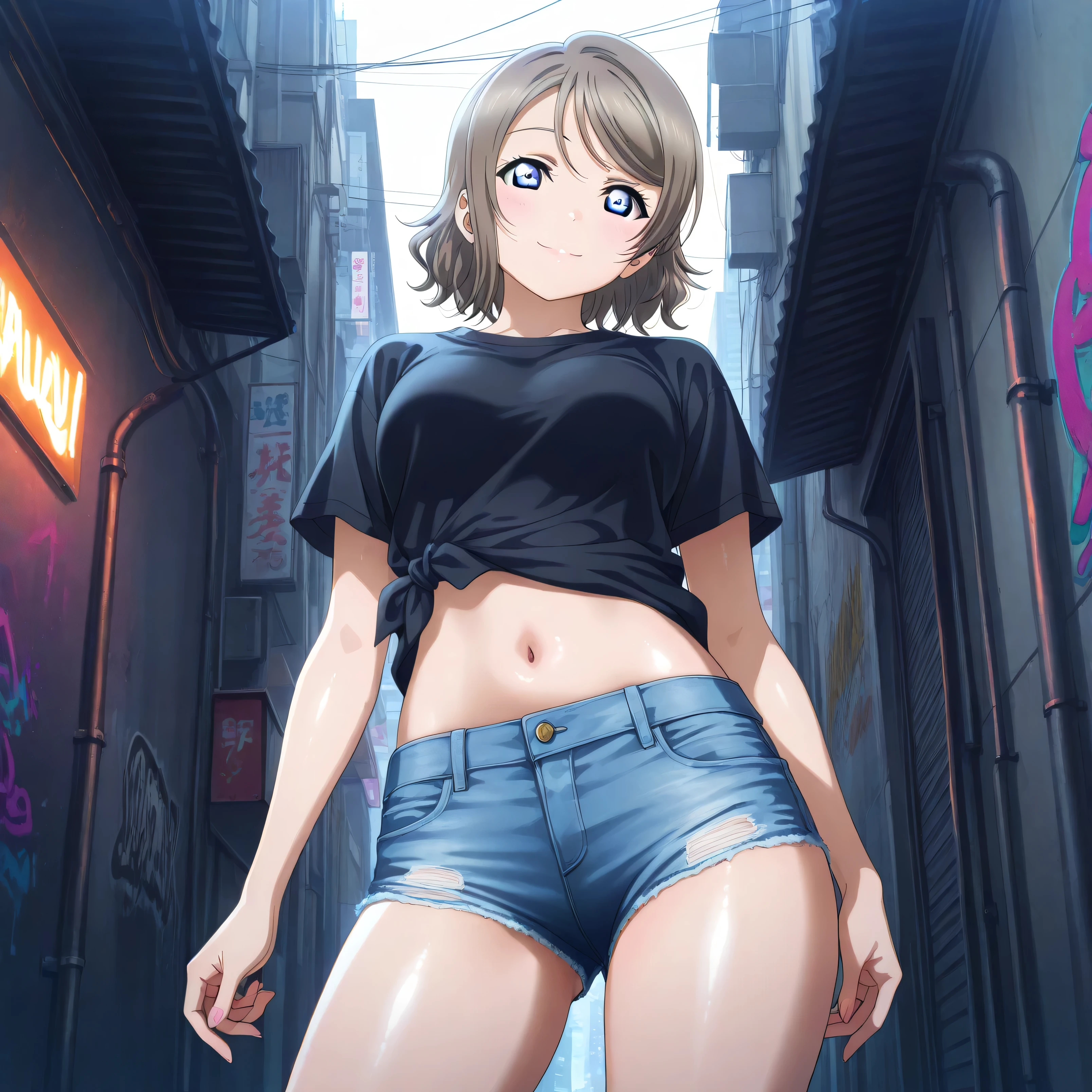 masterpiece 4k, best quality, girl, beautiful face, clean skin, shiny hair, shiny skin, beautiful face, perfect eyes, high quality shine, best quality, very aesthetic 4k, absurd, perfect body quality, beautiful curves, perfect, perfect genitals, beautiful ambient light, beautiful aesthetics, very realistic scenery, high quality 4k, masterpiece,best quality,absurdres,newest,highres, official art, 1girl you watanabe, blue eyes, brown hair, short hair, swept bangs, short jean shorts, short black top, in the city of tokyo in an alley with a lot of dark graffiti, luiz shadow realistic beautiful realistic scenery, posing to take a photo, sexy pose with naughty look at the viewer