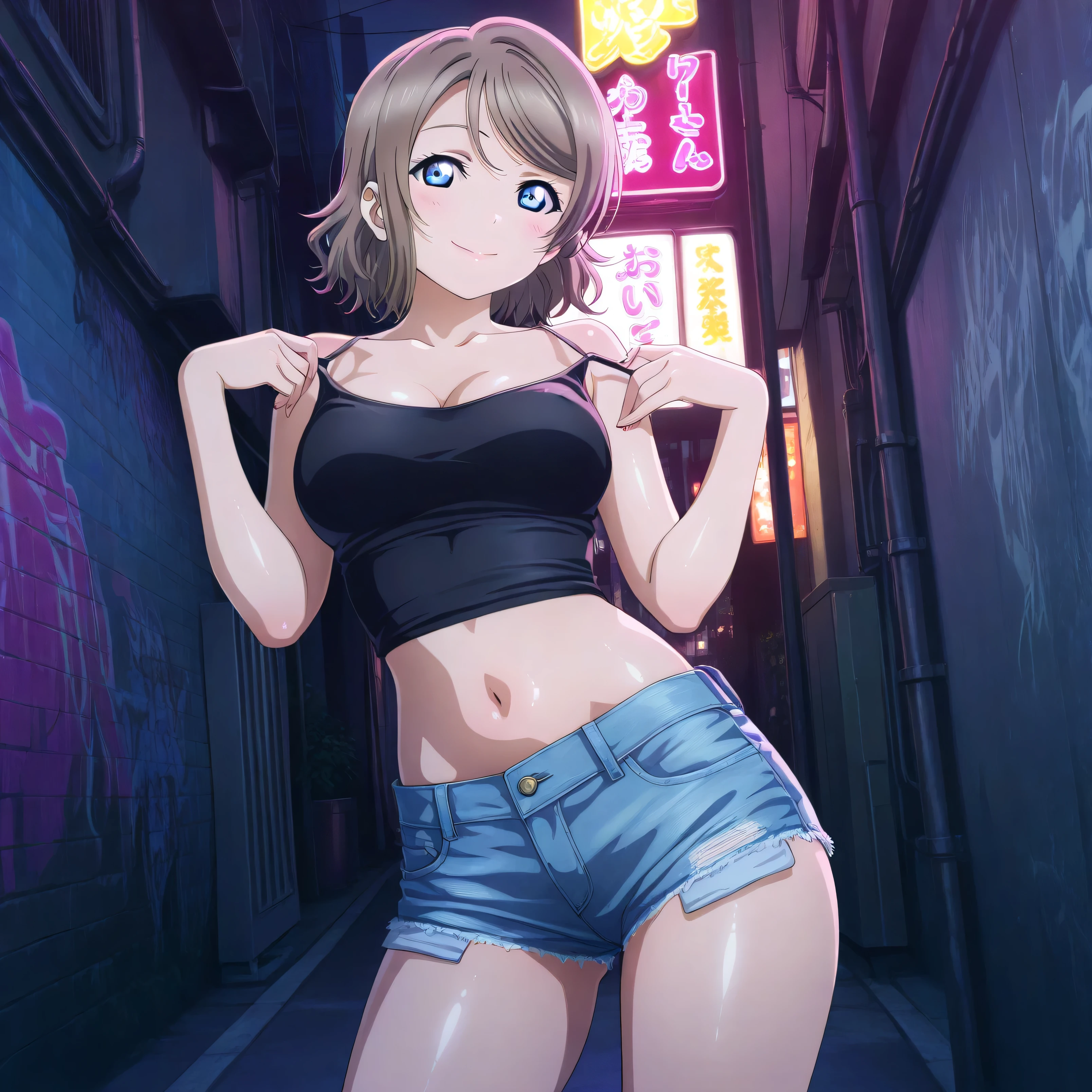 masterpiece 4k, best quality, girl, beautiful face, clean skin, shiny hair, shiny skin, beautiful face, perfect eyes, high quality shine, best quality, very aesthetic 4k, absurd, perfect body quality, beautiful curves, perfect, perfect genitals, beautiful ambient light, beautiful aesthetics, very realistic scenery, high quality 4k, masterpiece,best quality,absurdres,newest,highres, official art, 1girl you watanabe, blue eyes, brown hair, short hair, swept bangs, short jean shorts, short black top, in the city of tokyo in an alley with a lot of dark graffiti, luiz shadow realistic beautiful realistic scenery, posing to take a photo, sexy pose with naughty look at the viewer