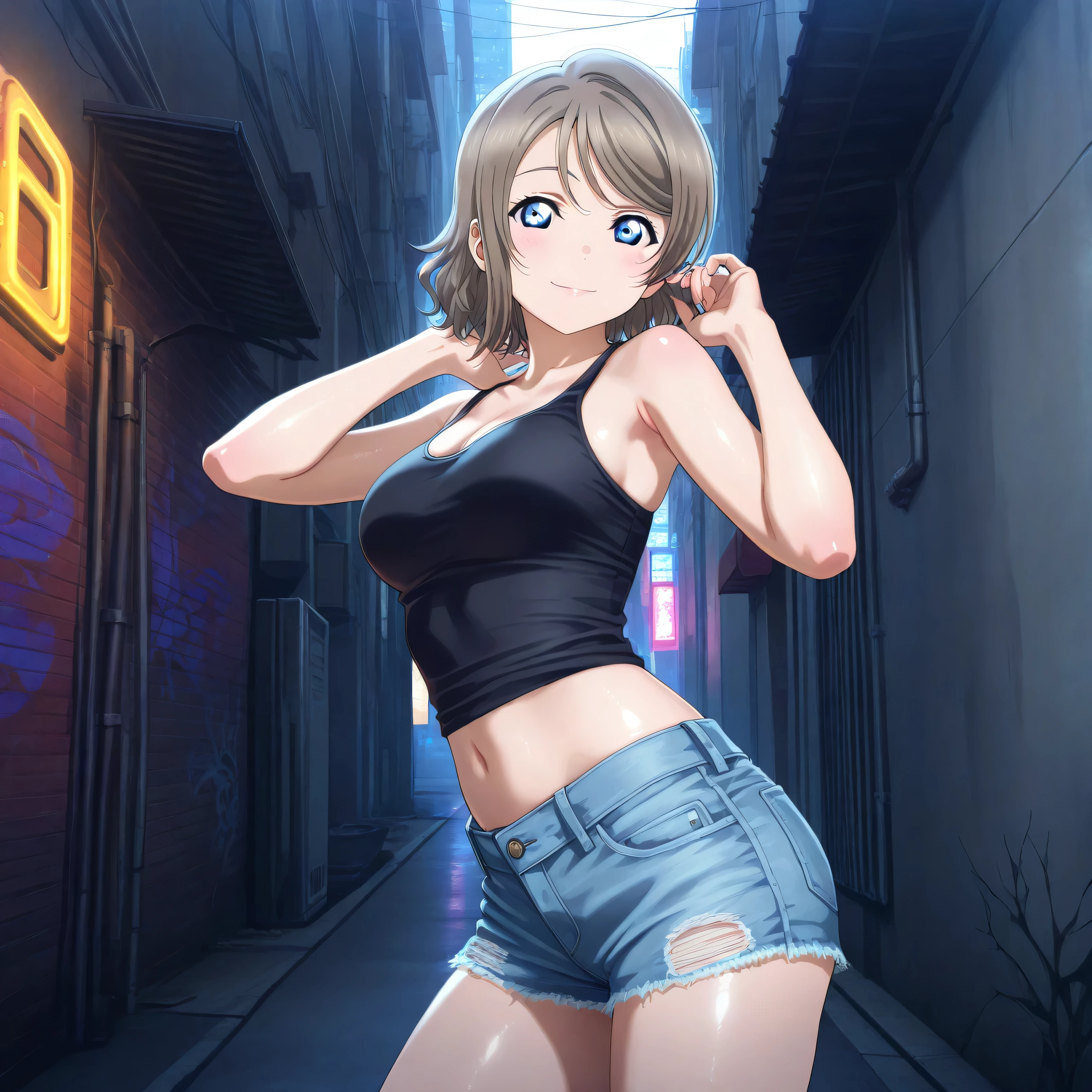 masterpiece 4k, best quality, girl, beautiful face, clean skin, shiny hair, shiny skin, beautiful face, perfect eyes, high quality shine, best quality, very aesthetic 4k, absurd, perfect body quality, beautiful curves, perfect, perfect genitals, beautiful ambient light, beautiful aesthetics, very realistic scenery, high quality 4k, masterpiece,best quality,absurdres,newest,highres, official art, 1girl you watanabe, blue eyes, brown hair, short hair, swept bangs, short jean shorts, short black top, in the city of tokyo in an alley with a lot of dark graffiti, luiz shadow realistic beautiful realistic scenery, posing to take a photo, sexy pose with naughty look at the viewer