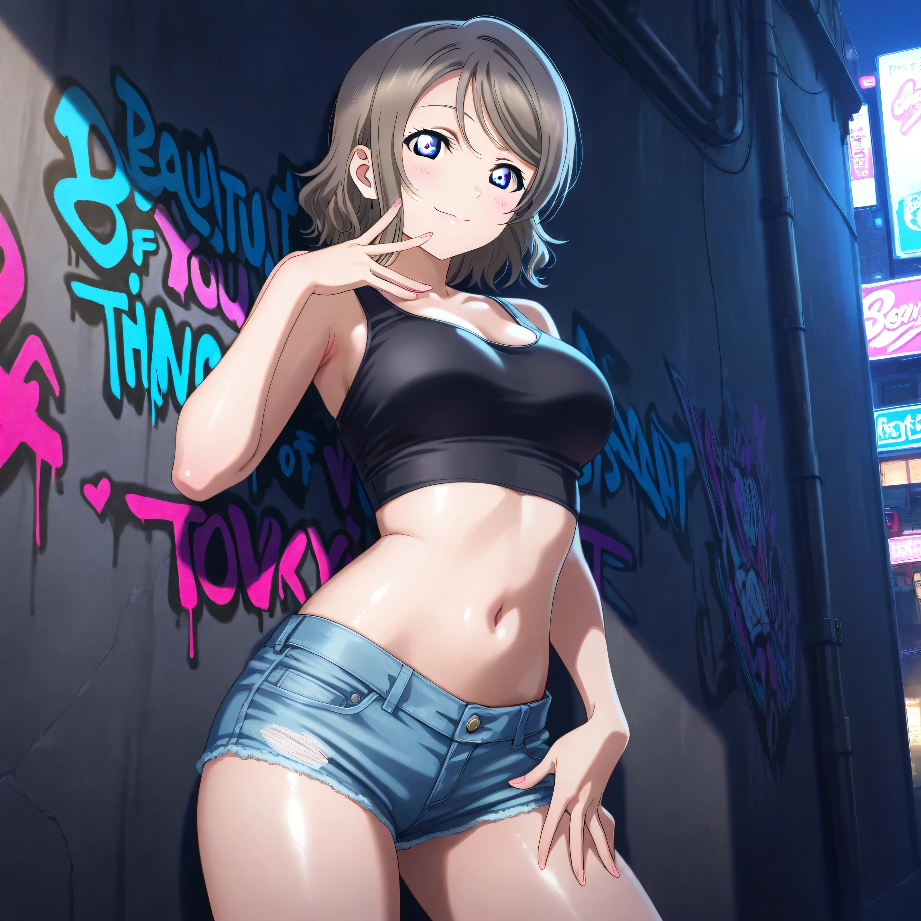 masterpiece 4k, best quality, girl, beautiful face, clean skin, shiny hair, shiny skin, beautiful face, perfect eyes, high quality shine, best quality, very aesthetic 4k, absurd, perfect body quality, beautiful curves, perfect, perfect genitals, beautiful ambient light, beautiful aesthetics, very realistic scenery, high quality 4k, masterpiece,best quality,absurdres,newest,highres, official art, 1girl you watanabe, blue eyes, brown hair, short hair, swept bangs, short jean shorts, short black top, in the city of tokyo in an alley with a lot of dark graffiti, luiz shadow realistic beautiful realistic scenery, posing to take a photo, sexy pose with naughty look at the viewer
