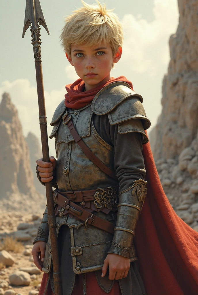 A teenage boy with strawberry blond hair in a leather jerkin with shoulder pads made out of steel with two daggers in his hands
