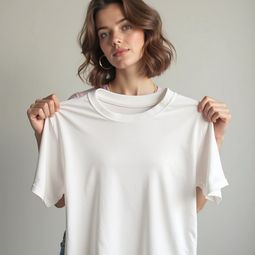 A young Caucasian woman in her twenties with slightly wavy, shoulder-length brown hair is standing in her modern bedroom. She is wearing high-waisted, light blue, light-wash jeans with a straight fit and slight wear at the knees. Her oversized white t-shirt, with short sleeves, falls slightly on one shoulder, adding a casual touch to her look. The t-shirt features a minimalist graphic design in black on the front. Her hair falls naturally around her face, with a few strands slightly tousled for a casual style. She holds her smartphone with one hand in front of her mirror, capturing a photo of herself with a natural, relaxed smile. The room is modern with neutral colors, minimalist furniture, and a potted green plant in the corner. There is a large framed mirror against the wall behind her, reflecting part of the room. Natural light enters through a large window to its left, creating a bright and welcoming atmosphere. Details like a soft rug, cushions of different textures on the bed, and a designer bedside lamp add a touch of comfort and style to the space.