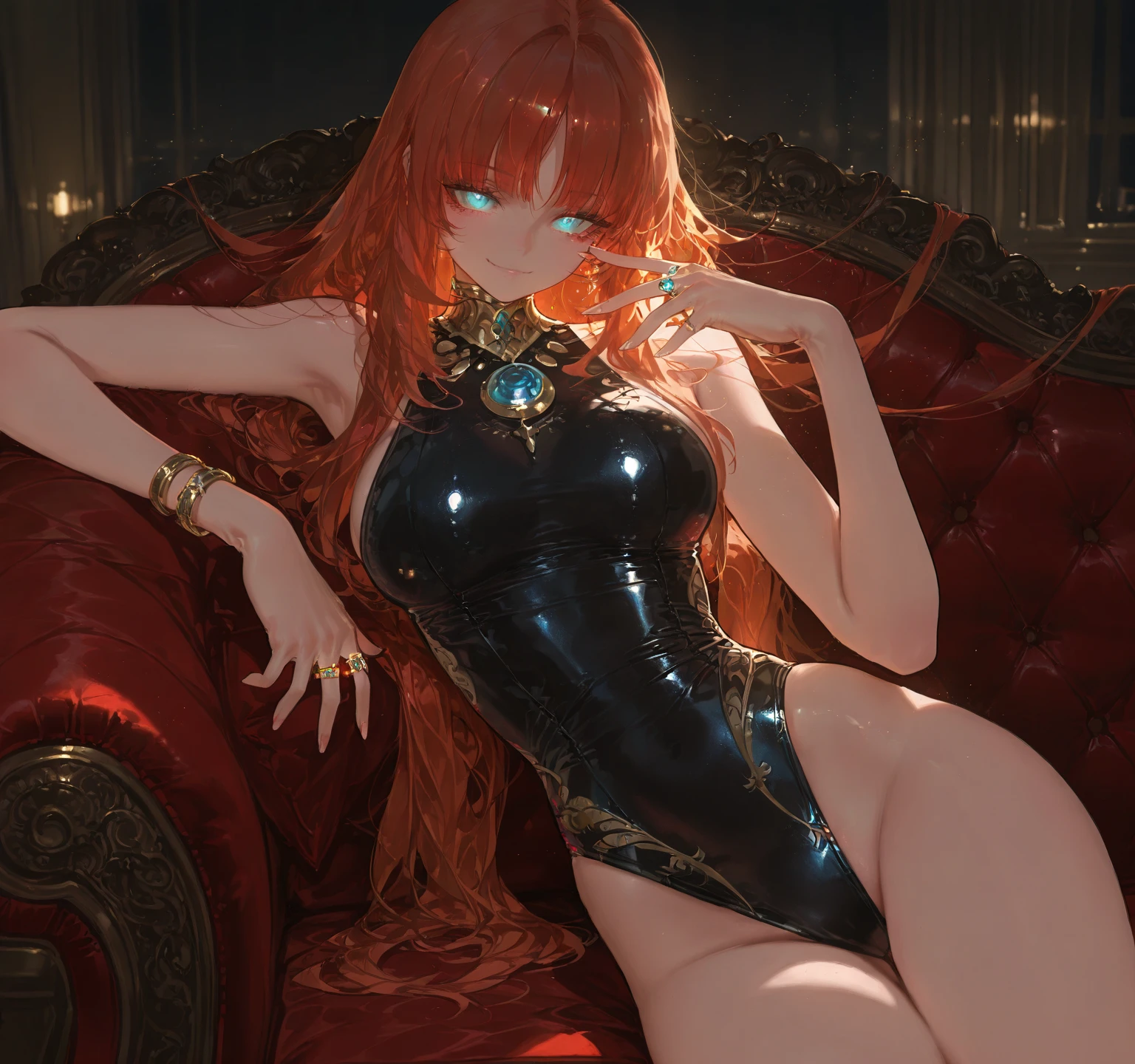 Woman, red hair, yellow eyes, red nails, beautiful young face, strong physical characteristics, with medium breasts, legs open showing realistic pussy, corpo sexy, an angry face, provocative look. Wearing traditional Chinese imperial clothing decorated in gold with black details, with red Hanafuda earrings, with a golden skirt to the feet, a black sandal. Lying on a white bed in an antique Chinese room, with a full moon and stars in the window in the background.