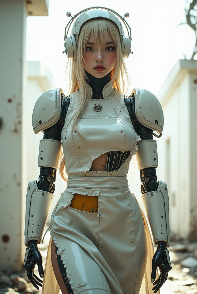 1girl, long blonde hair, cyber helmet, white tank top, white cargo pants, mouth mask, covered mouth, Blur background, 8K, Hi-Res