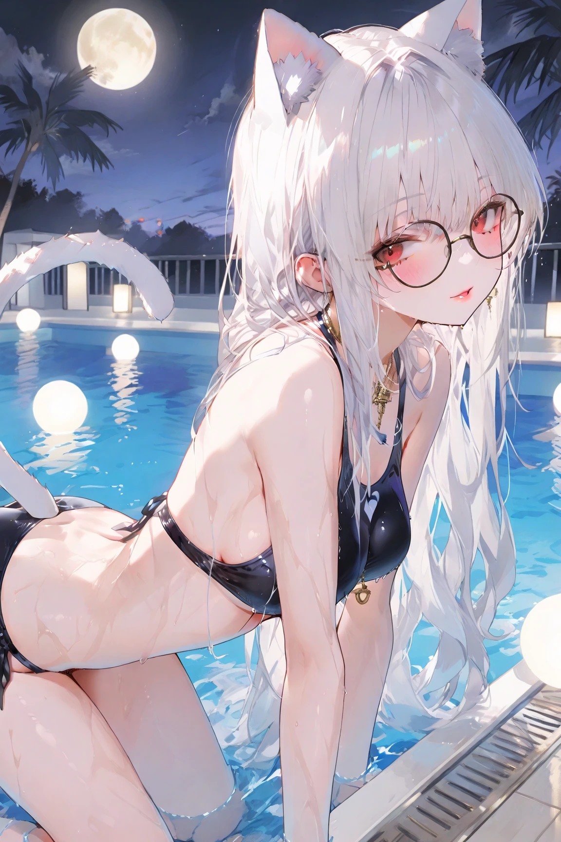 Two-dimensional anime style white skin white hair cat ears,  wearing bikini spread out hair pure love