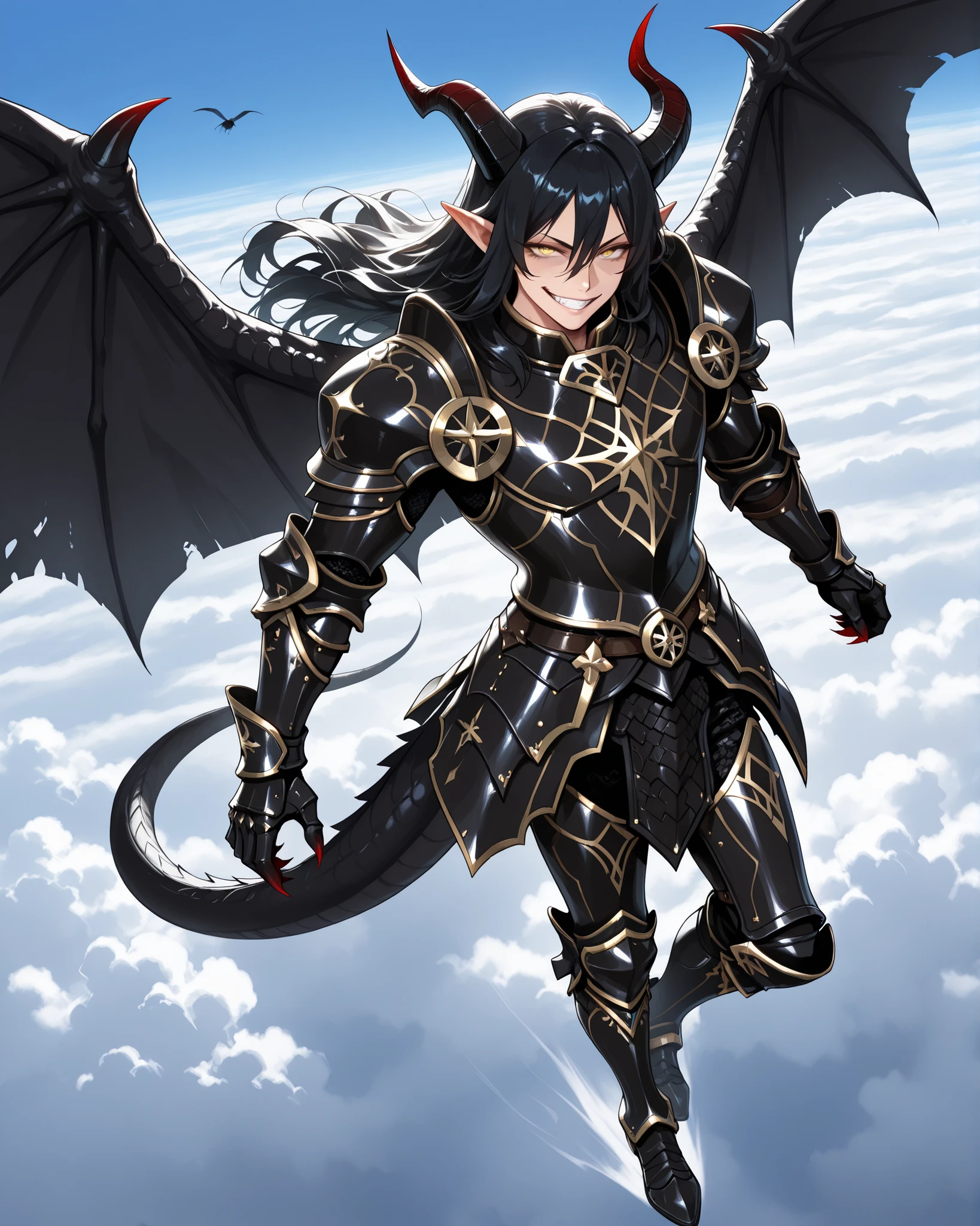 (masterpiece, best quality: 1. 5), highres, 8K, CG, (((Anime))), (1 male), lean body, (strong body, masculine), weredragon, (japanese anime style), glossy black, shiny black leather, ((beautiful golden eyes, finely detailed eyes, bright eyes, vertical iris)), hair between eyes, long hair, sideburns, wild hair, (sly grin, smirk, evil smile), teeth, confident, black hair, (ultra detailed face: 1. 5), shiny skin, long pointy ears, twisted torso, long-legged, sculpted face, wasp waist, dragon’s horn, dragon’s tail, dragon’s wings, dragon’s sharp claws, (black armor with a lot of grandiose decorations), half dragon half human, (dramatic angle), dynamic posture, ultra detailed black armor, all black outfit, emphasize face, sharp focus, oblique angle, good-looking man, well-polished black armor, (best illustration), cinematic, glowing glitters, (intricate detail, super detailed, extreme detailed: 1. 5), pearly luster, (highly detailed artwork), dramatic shadows, wonderful pose, chiseled features, stark contrast, heavy shadows, detailed black decorations, beautiful and aesthetic, photoreal, from above, (mysteriously crafted black metal armor: 1. 5), sparkling accessories, thick and luxuriant hair, (ultra detailed fantasy black armor), dressed in black, broad shoulder, sharp eyes, true-to-life visuals, artistically refined, dramatic contrasts, ((extremely delicate and beautiful armor, elaborate armor details)), (in a cursed dark armor: 1. 5), exquisite goldwork, wonderful black armor, armor with intricate engravings, (armor-type boots), ((detailed shoulder armor with intricate engravings)), dark fantasy aesthetics, (128K Ultra High Resolution), very gorgeous and dazzling, dark fantasy black knight, slim waistlines, wide chested, sinewy body, (((Hyper Detailed & Perfectly Designed Black Armor))), (clear sky), ((soaring up to the sky, floating in mid-air, roam in the sky, flying through the air, visible flying in the sky, flying above the clouds)), splendid scenery background