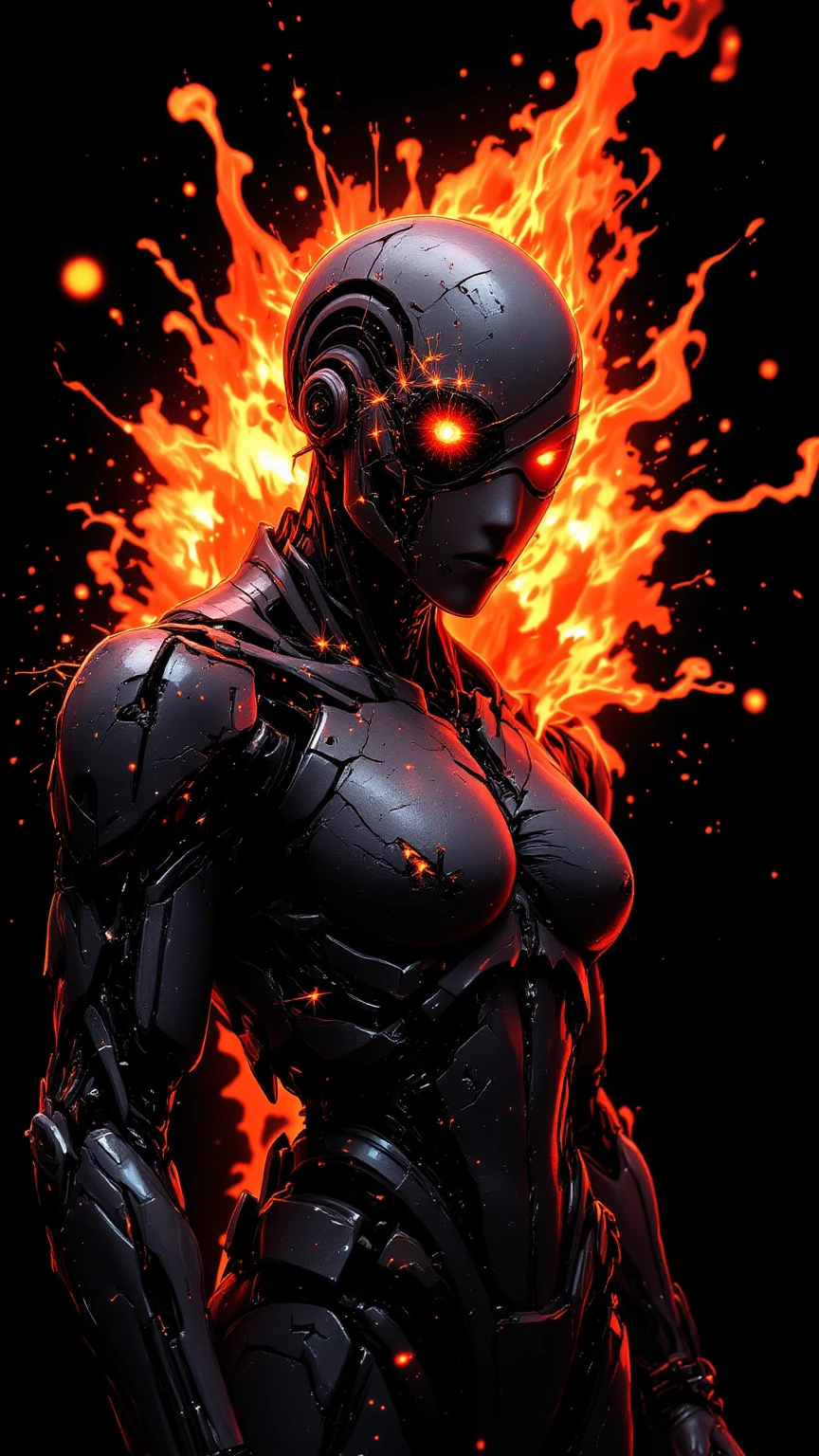 (full body shot),(wrecked android,spark,Eye patch,Red glowing single eye),(Due to damage, the,body without one arm was cut off and cut in half:1.5),Explosive Flame