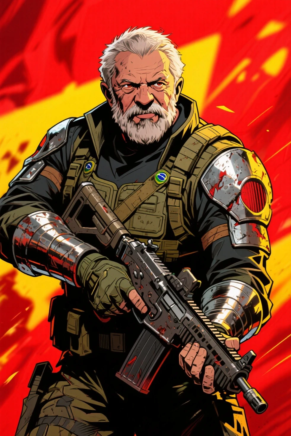 Close-up of a ((extremely handsome old man warior)) , half human, half machine, their faces a bit partially obscured by military helmets. Their eyes are filled with hapiness and longing. The background is a trail of blood and violence. He wears a mechanized robot armor, carved with animal elements, human skulls. The sky is filled with swirling, fiery clouds. The photo conveys a strong sense of the warrior's appearance