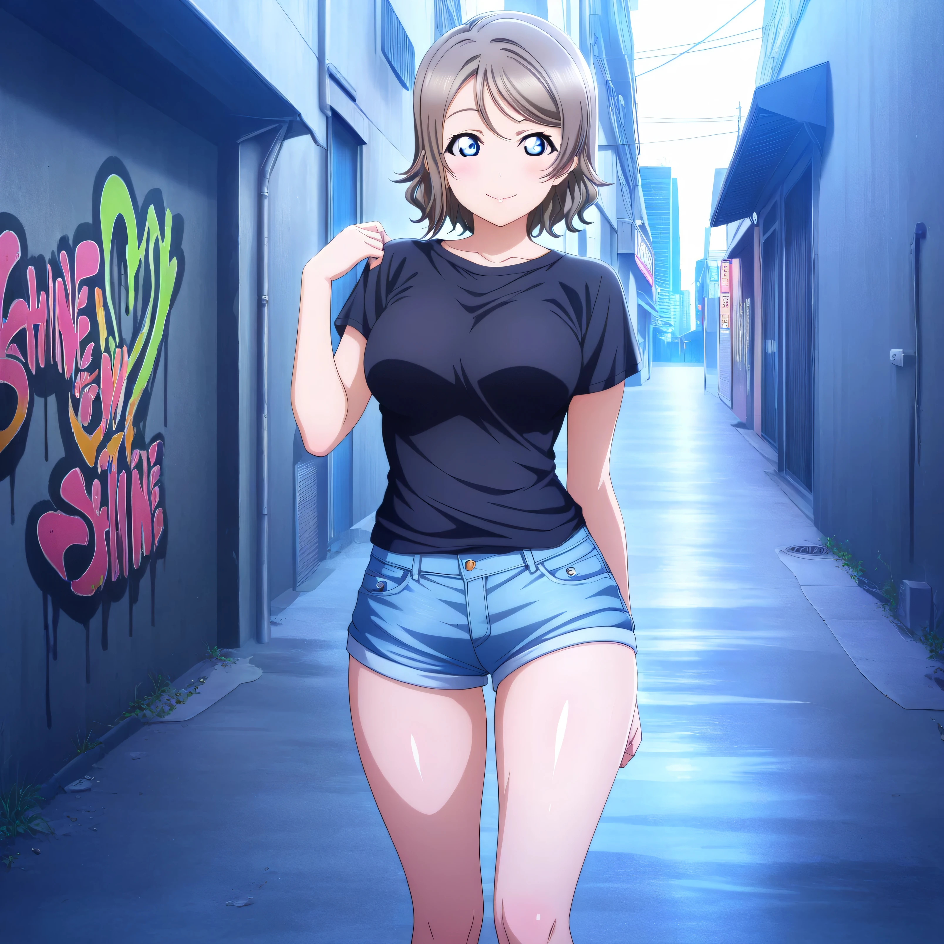 masterpiece 4k, best quality, girl, beautiful face, clean skin, shiny hair, shiny skin, beautiful face, perfect eyes, high quality shine, best quality, very aesthetic 4k, absurd, perfect body quality, beautiful curves, perfect, perfect genitals, beautiful ambient light, beautiful aesthetics, very realistic scenery, high quality 4k, masterpiece,best quality,absurdres,newest,highres, official art, 1girl you watanabe, blue eyes, brown hair, short hair, swept bangs, short jean shorts, short black top, in the city of tokyo in an alley with a lot of dark graffiti, luiz shadow realistic beautiful realistic scenery, posing to take a photo, sexy pose with naughty look at the viewer