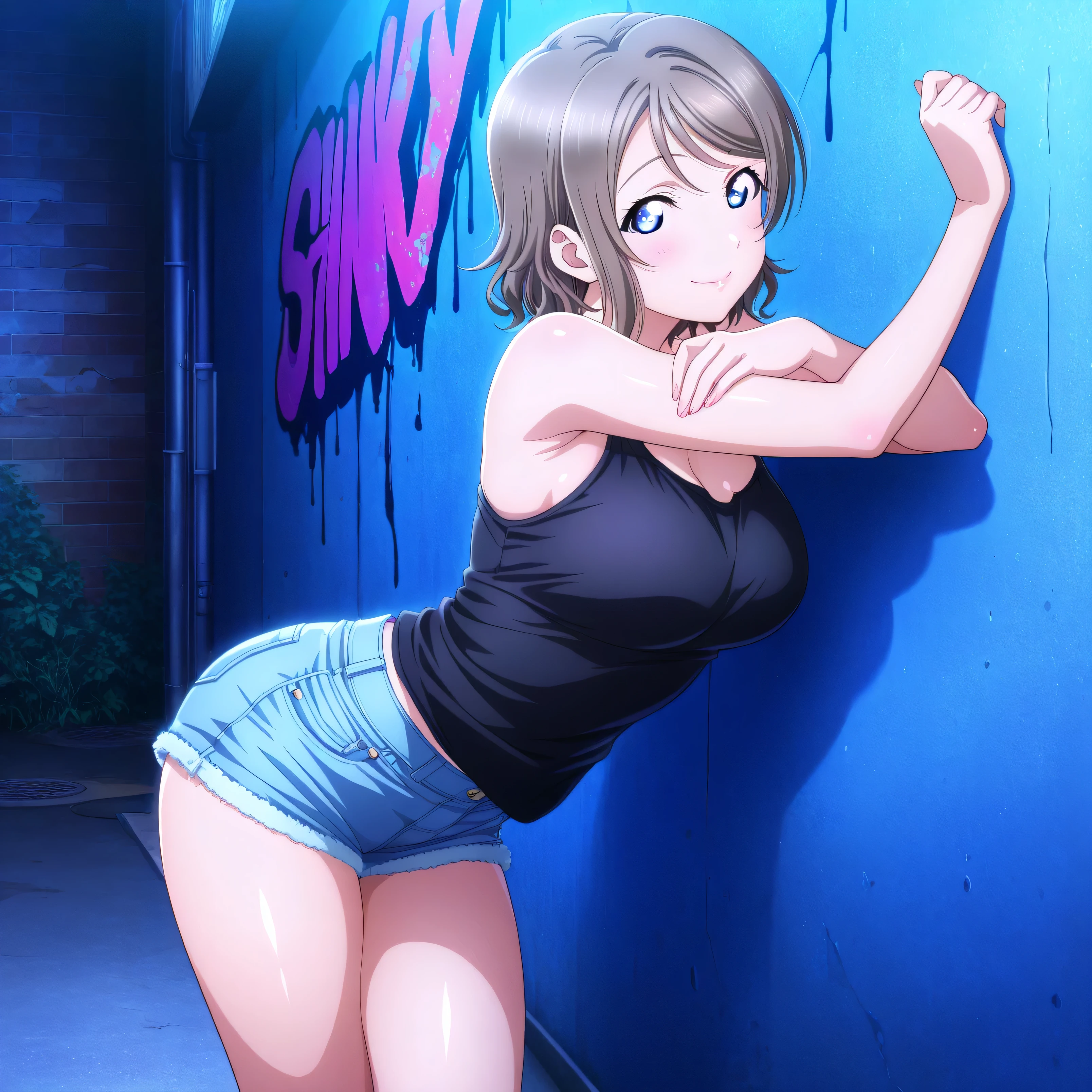 masterpiece 4k, best quality, girl, beautiful face, clean skin, shiny hair, shiny skin, beautiful face, perfect eyes, high quality shine, best quality, very aesthetic 4k, absurd, perfect body quality, beautiful curves, perfect, perfect genitals, beautiful ambient light, beautiful aesthetics, very realistic scenery, high quality 4k, masterpiece,best quality,absurdres,newest,highres, official art, 1girl you watanabe, blue eyes, brown hair, short hair, swept bangs, short jean shorts, short black top, in the city of tokyo in an alley with a lot of dark graffiti, luiz shadow realistic beautiful realistic scenery, posing to take a photo, sexy pose with naughty look at the viewer