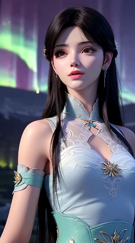1 Beautiful girl in ancient costume, ((Blue and light white clothing: 0.8)), Long, silky black hair, Hair accessories and necklaces, Pretty face with thin eyebrows, most beautiful、The cleanest face, Very beautiful eyes, Big, round, black eyes, Delicate eyelash makeup, high nose, Wearing earrings,Little Red Lips, ruddy face, Enlarged and rounded breasts, Breast tightness, Breast Augmentation, Slim body, Slim waist, Portrait of a beautiful girl, 8K photo, super High target quality, Surreal, 10x super pixels, photo般逼真, Dark Studio, Border light, Two-tone light, (Delicate skin) High target: 1.2), 8K uhd, Digital SLR Camera, Soft Light, High target quality, Volumetric Light, frank, photo, High target resolution, 4k picture quality, 8K, Bokeh, Smooth and sharp, 10 times more pixels, (Background Space: 1.8), (galaxy: 1.7), aurora, lightning, (aurora背景: 1.8), Upper Body, Solitary, Solitary,