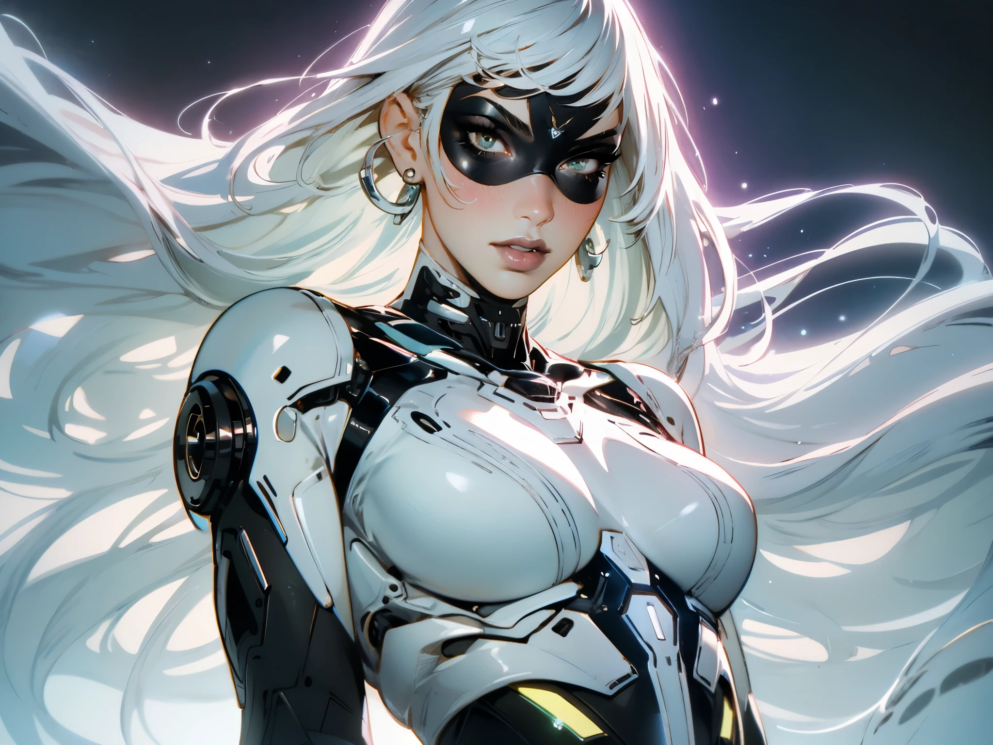 masterpiece, best quality, a beautiful woman with long shiny hair, choppy bangs, delicate face, passionate gaze, perfect smille, blush, seductive expression, tall and fit figure, perfect body, perfect skin, seductive pose, sexy Futuristic Technological Nanogel Clothing, the color scheme is primarily White with Green accents, aidraf, this character embodies a finely crafted sexy beauty, exquisite and mature art Style, goddess, feminine, exquisite photography, depth of field, bokeh, photorealistic, even and soft lighting on face, dramatic, high definition, highres, ultra detailed, professional photo, perfect body proportions, anatomically correct, symmetrical face, extremely detailed eyes and face, perfect eyes, high quality eyes, creativity, RAW photo, UHD, 32k, portrait lighting, cinematic lighting, (masterpiece-anatomy-perfect:1.2)